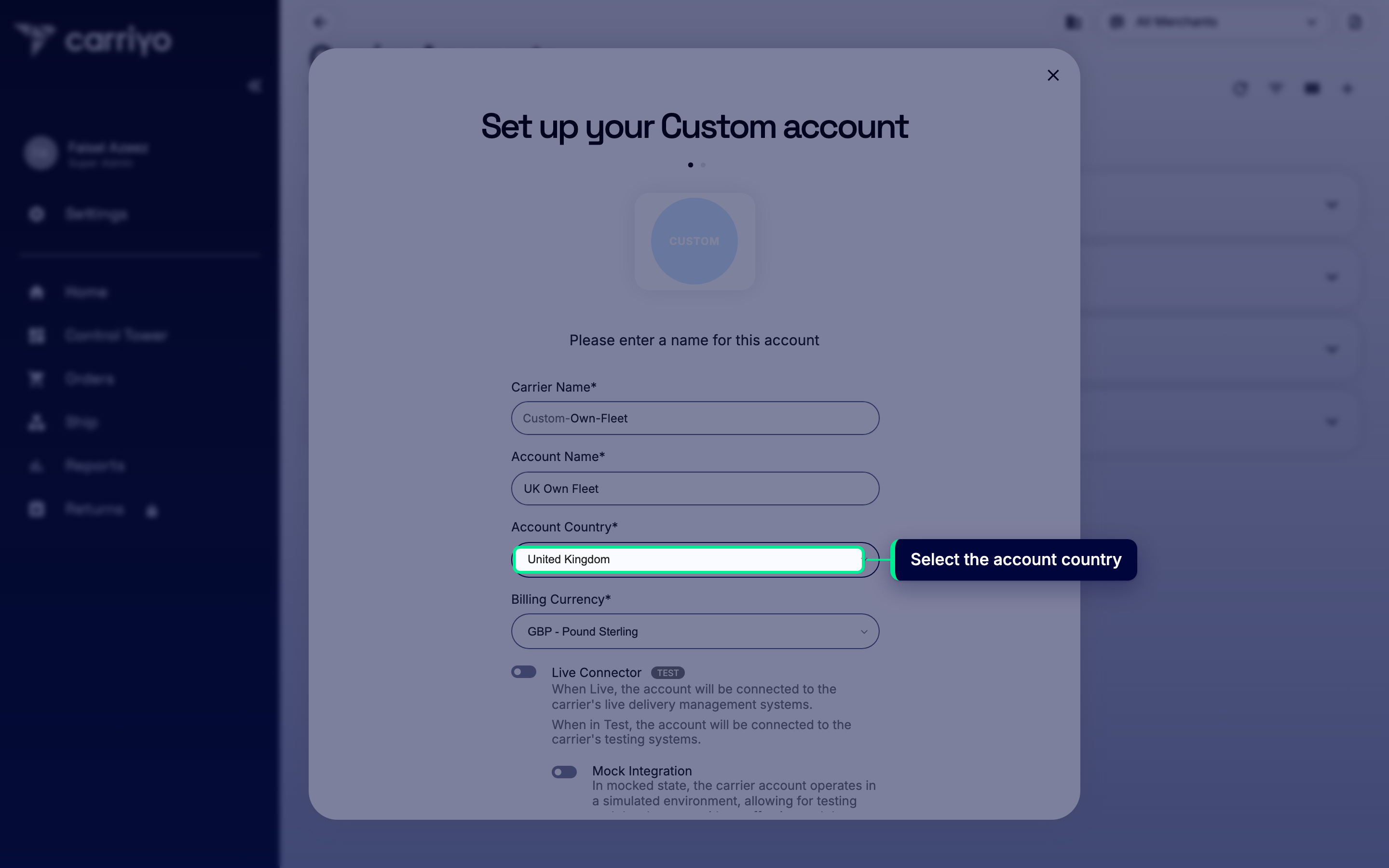 Account Country field with United Kingdom selected