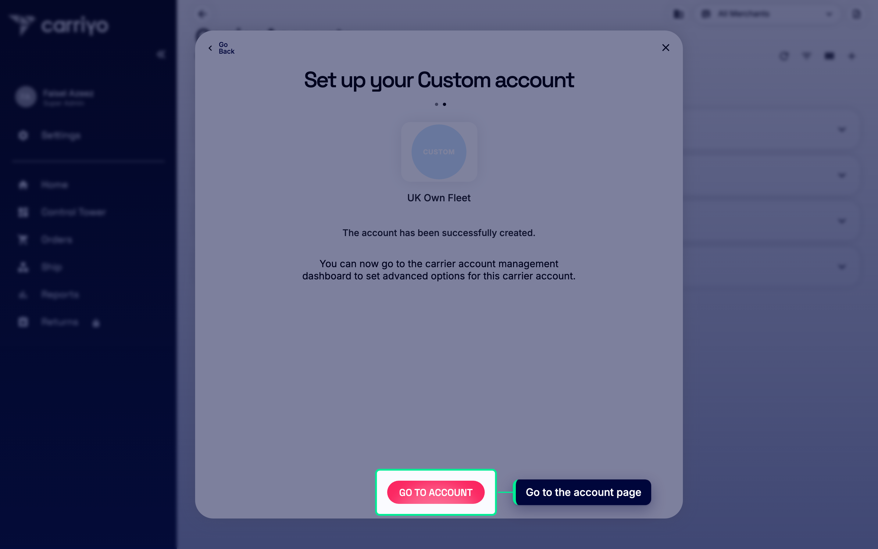 Wizard finish screen with the GO TO ACCOUNT button highlighted