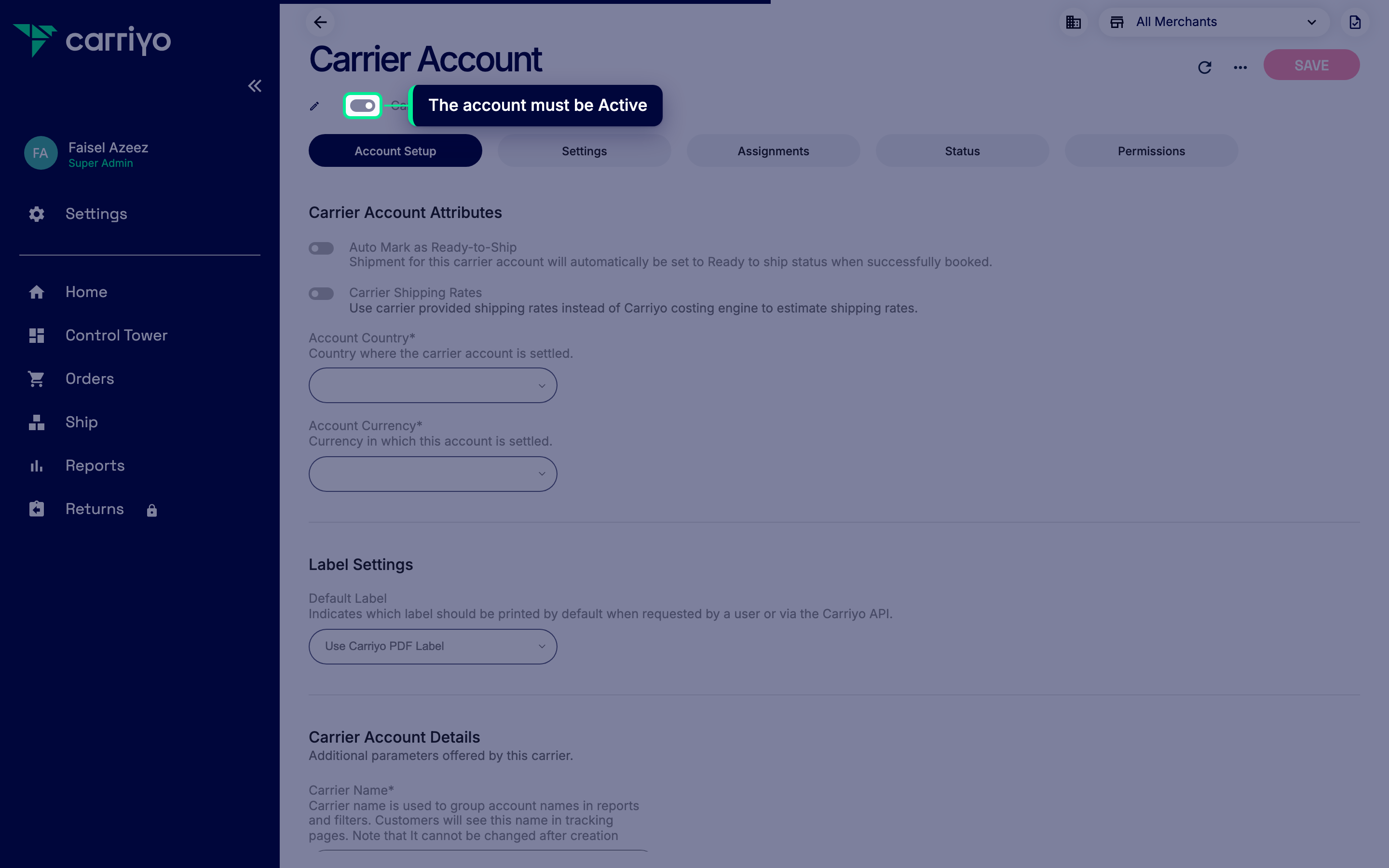Account detail page with the Carrier Account is Active toggle highlighted