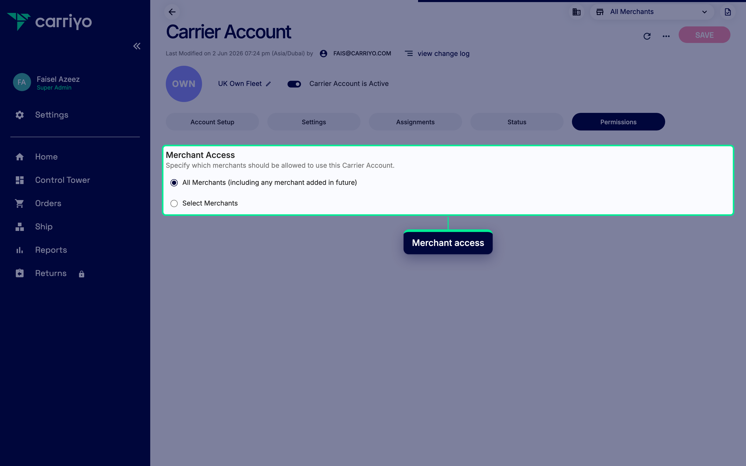 Permissions tab with the Merchant Access radio group shown