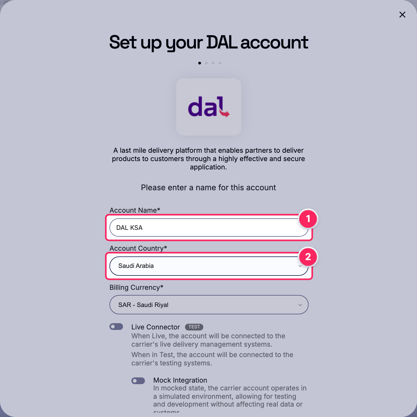Fill in the account name and country.
