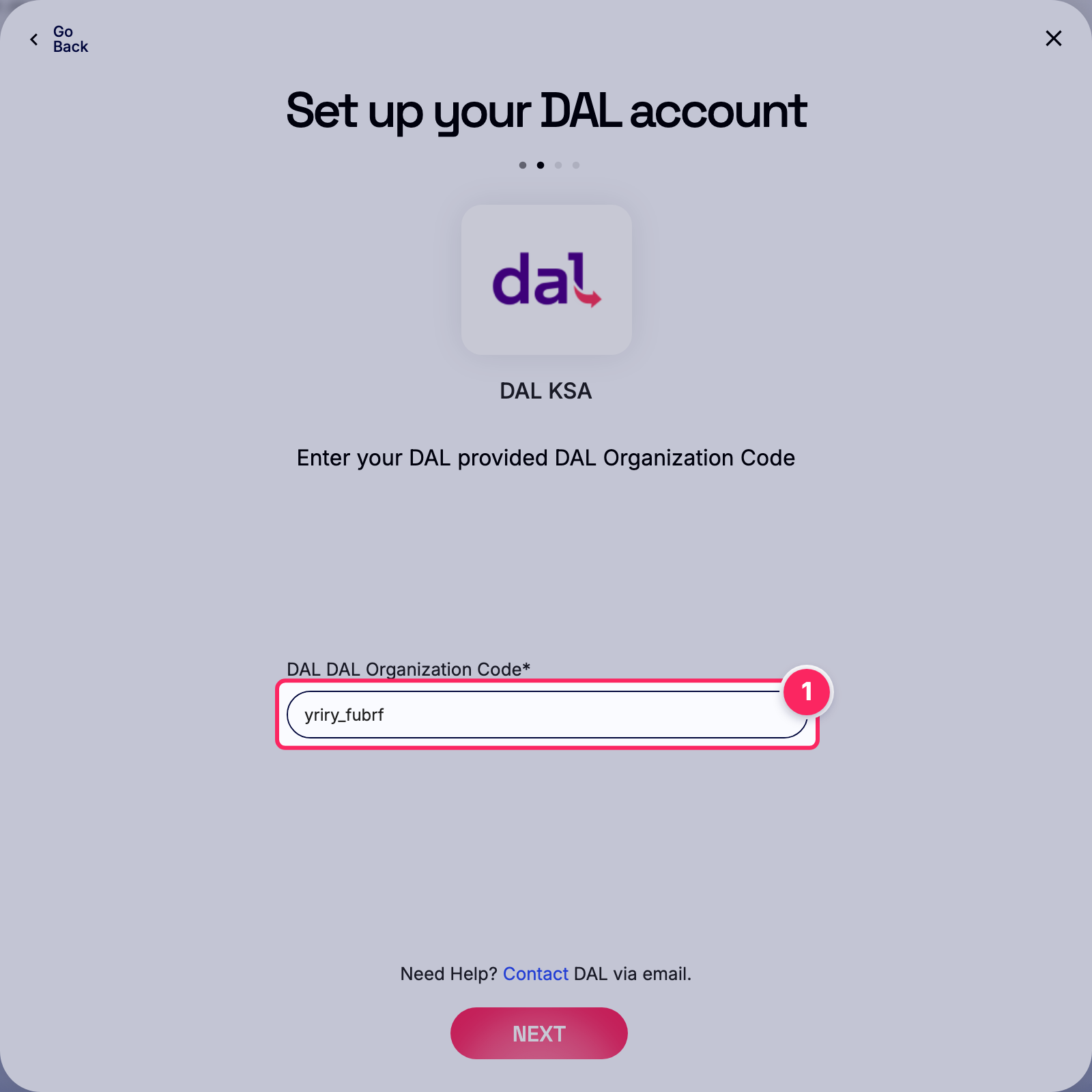 Enter dal dal organization code.