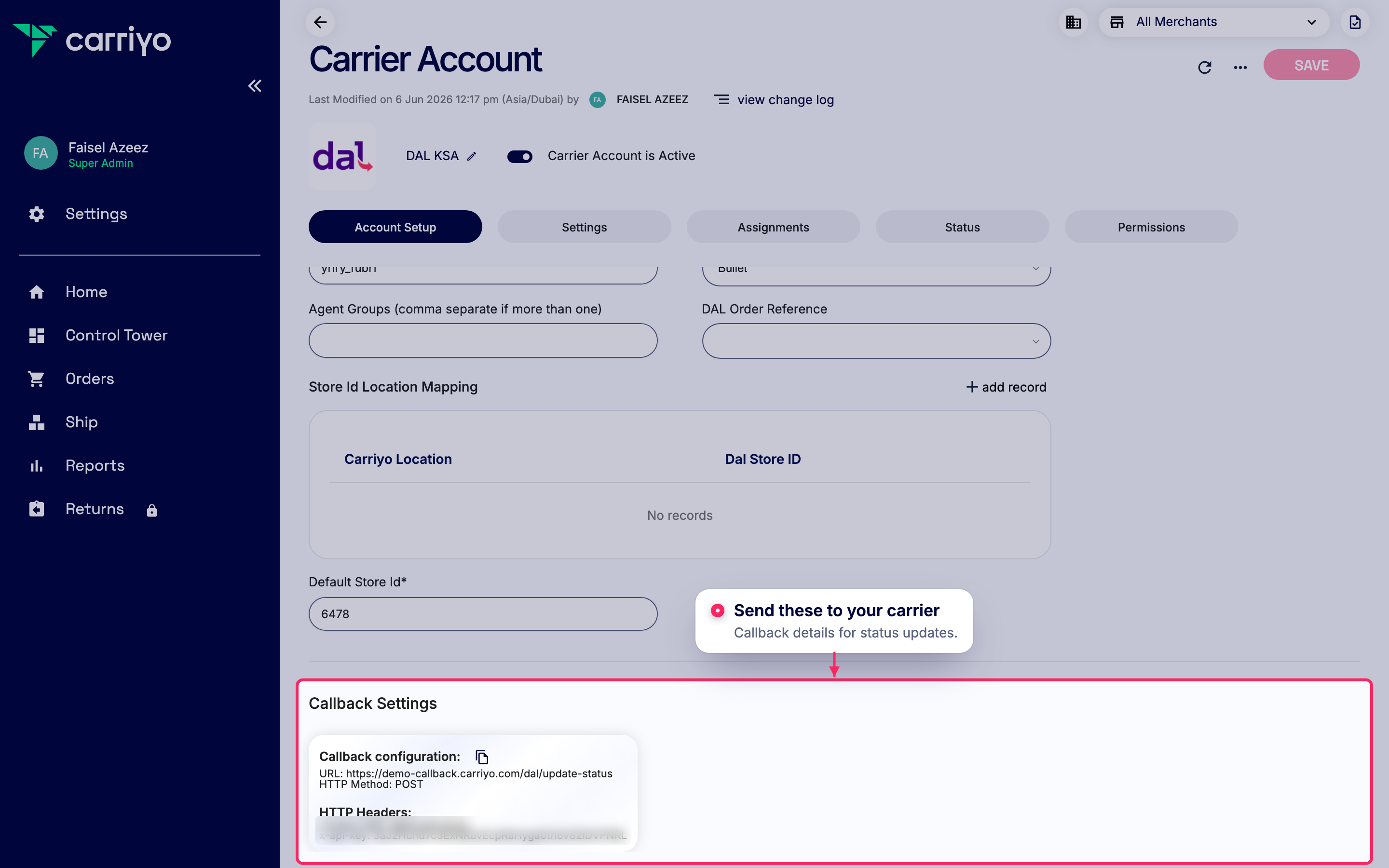 Share callback settings with your carrier