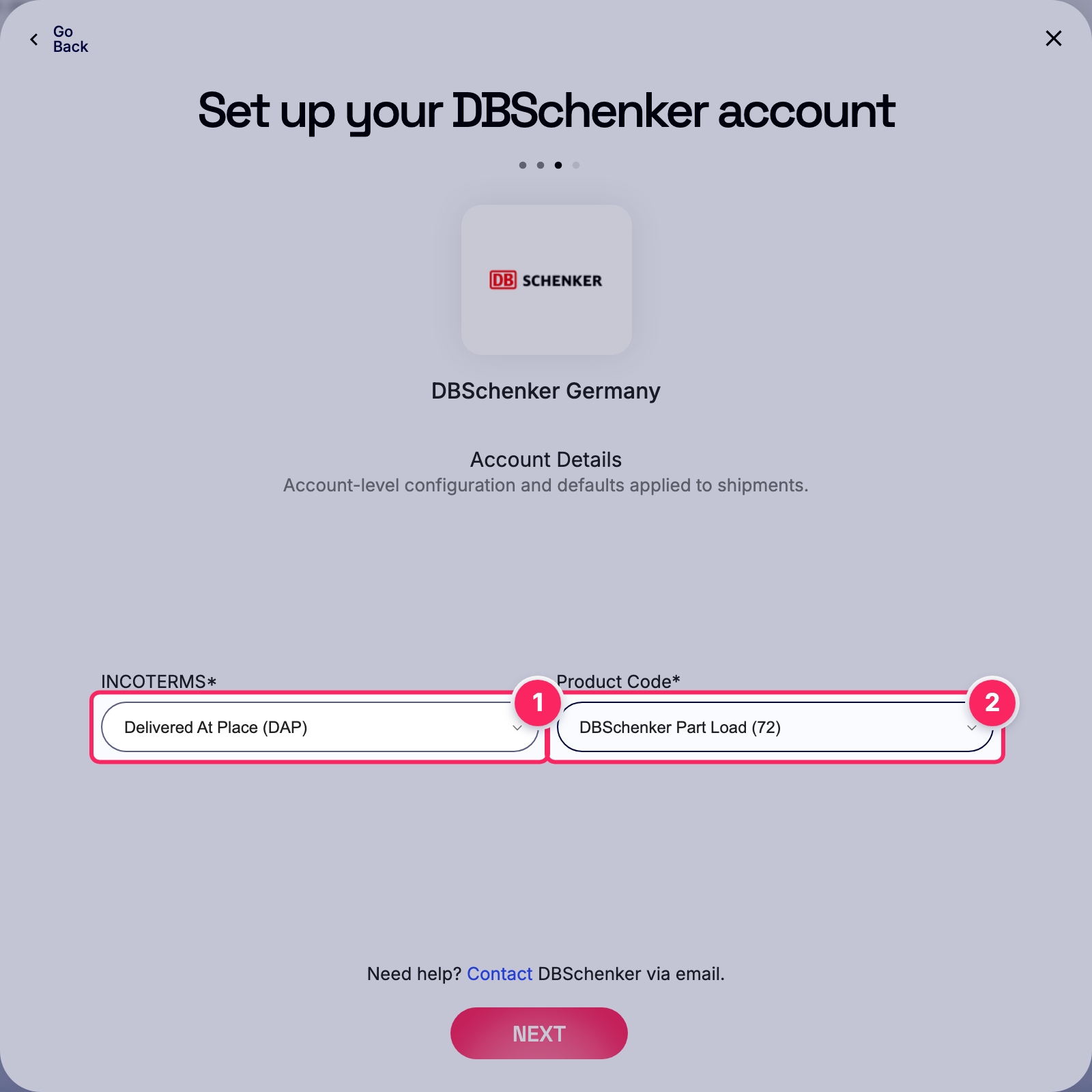 Fill in the DBSchenker account details.