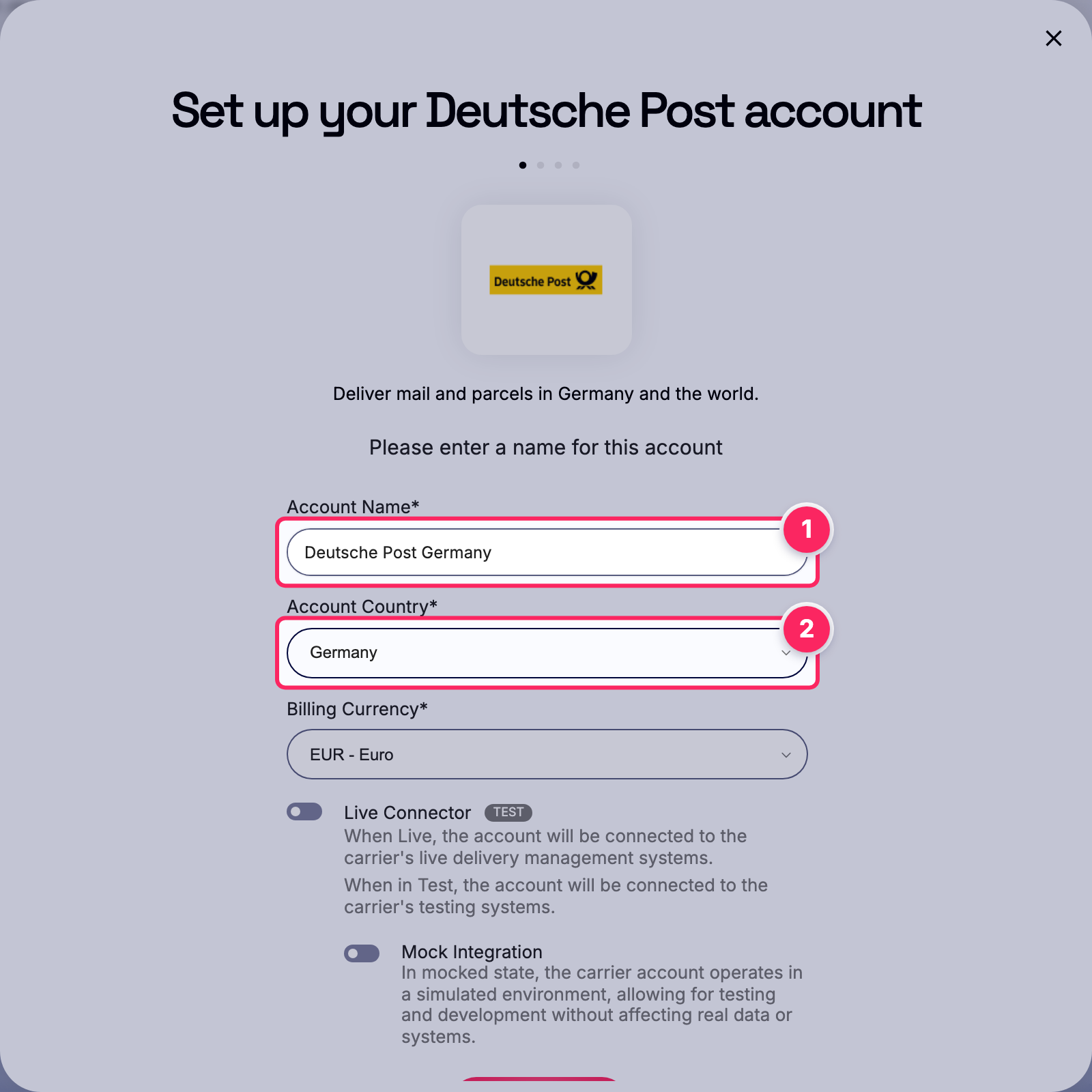 Fill in the account name and country.