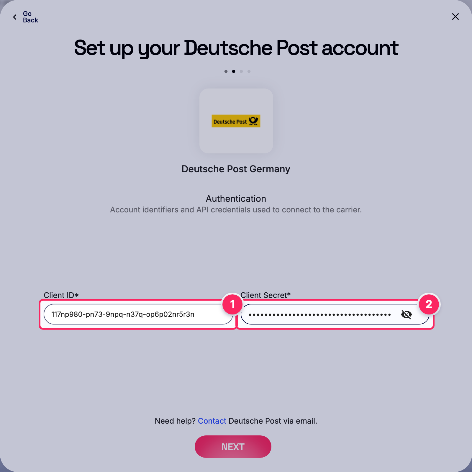 Fill in the Deutsche Post account details.
