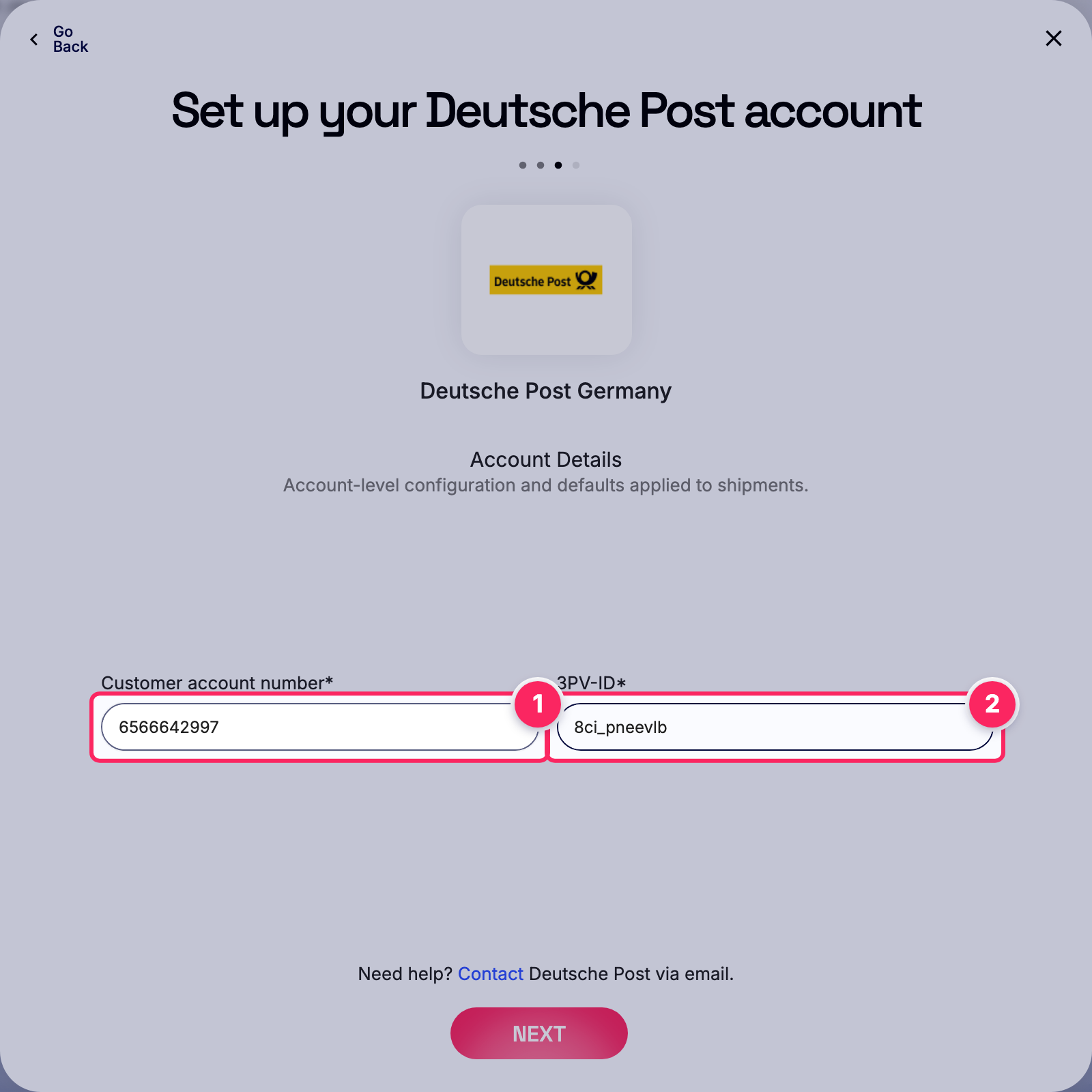 Fill in the Deutsche Post account details.