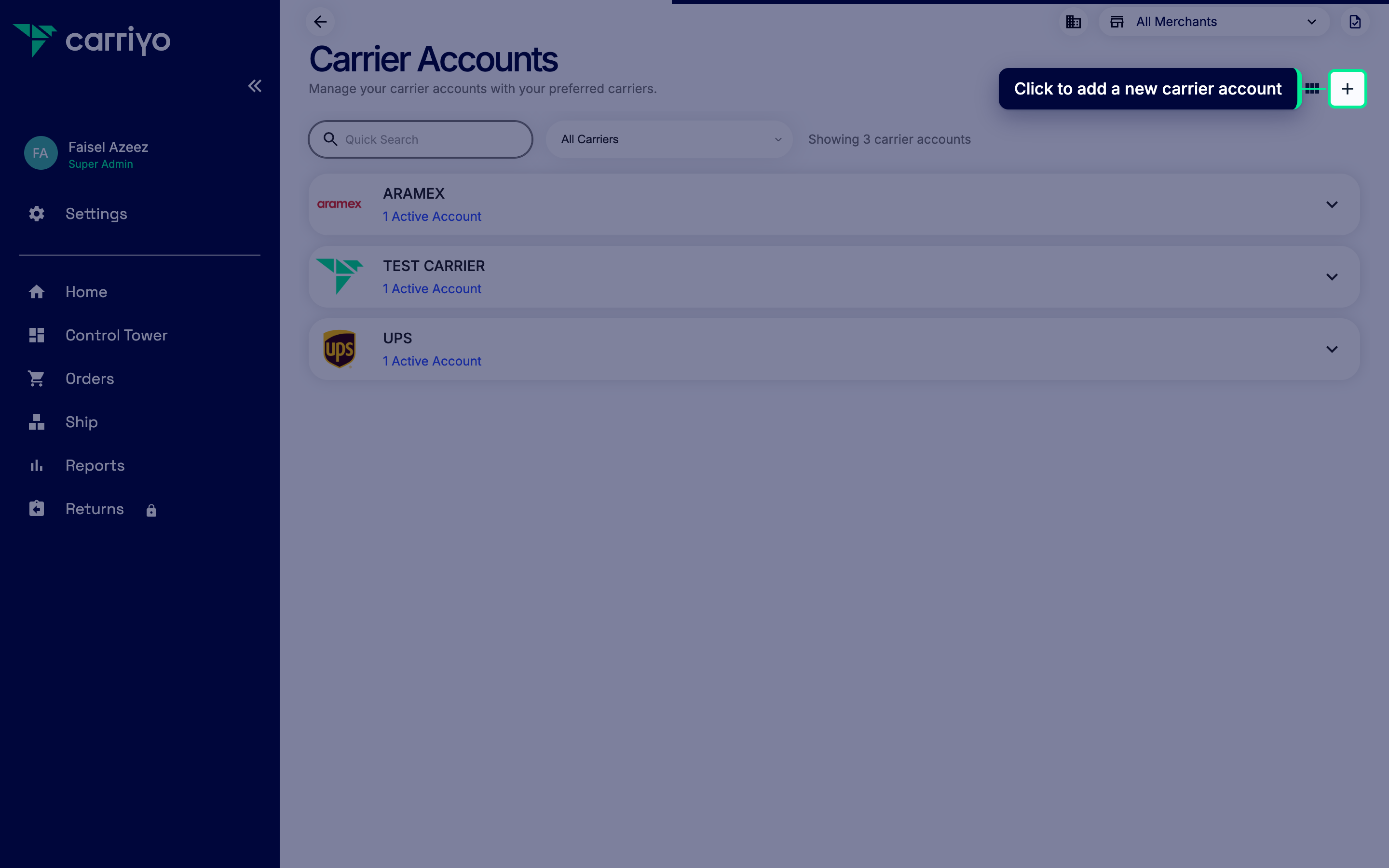 Carrier accounts list with the add carrier account button highlighted