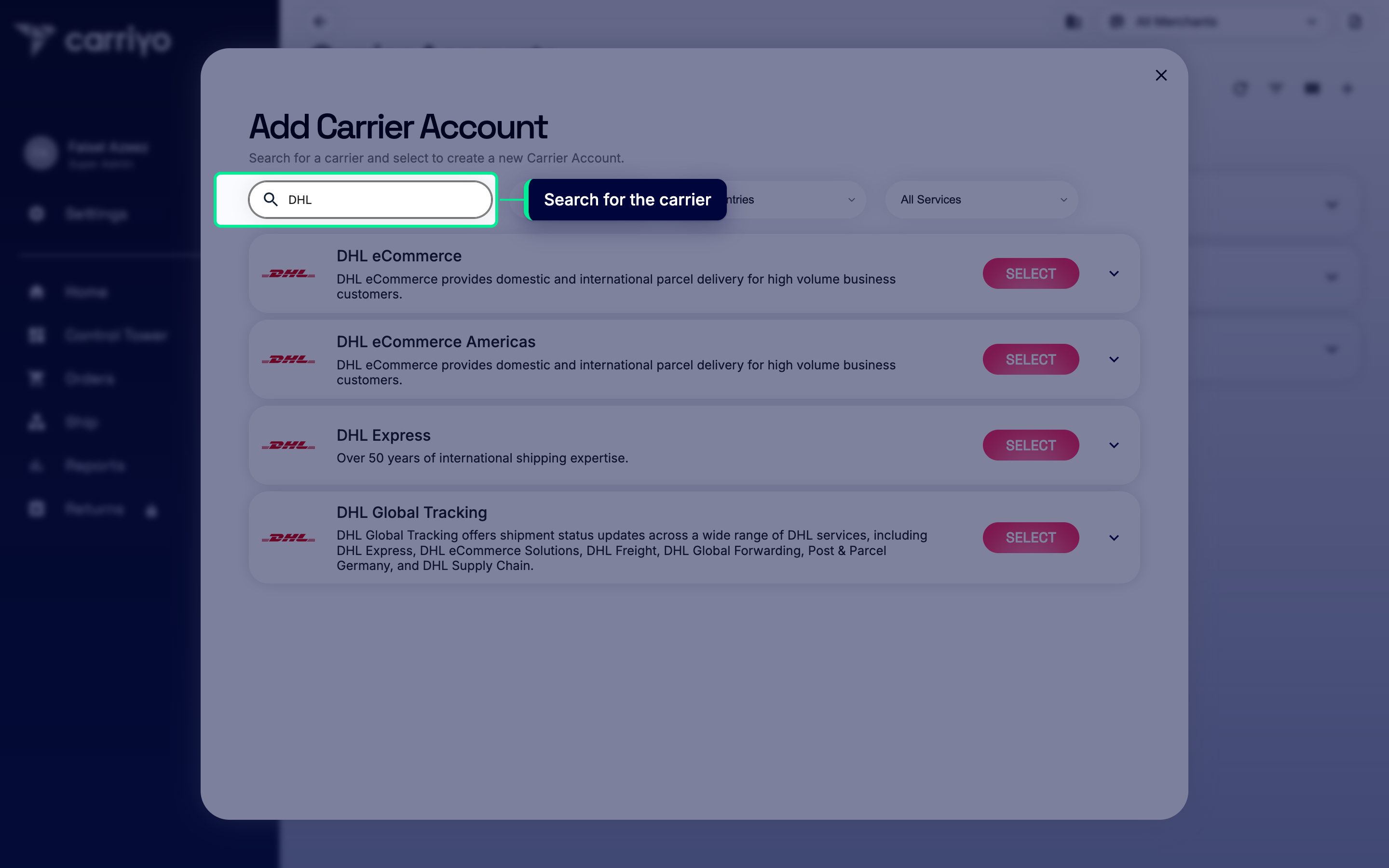 Carrier picker with DHL typed in the search field and the DHL Express result highlighted