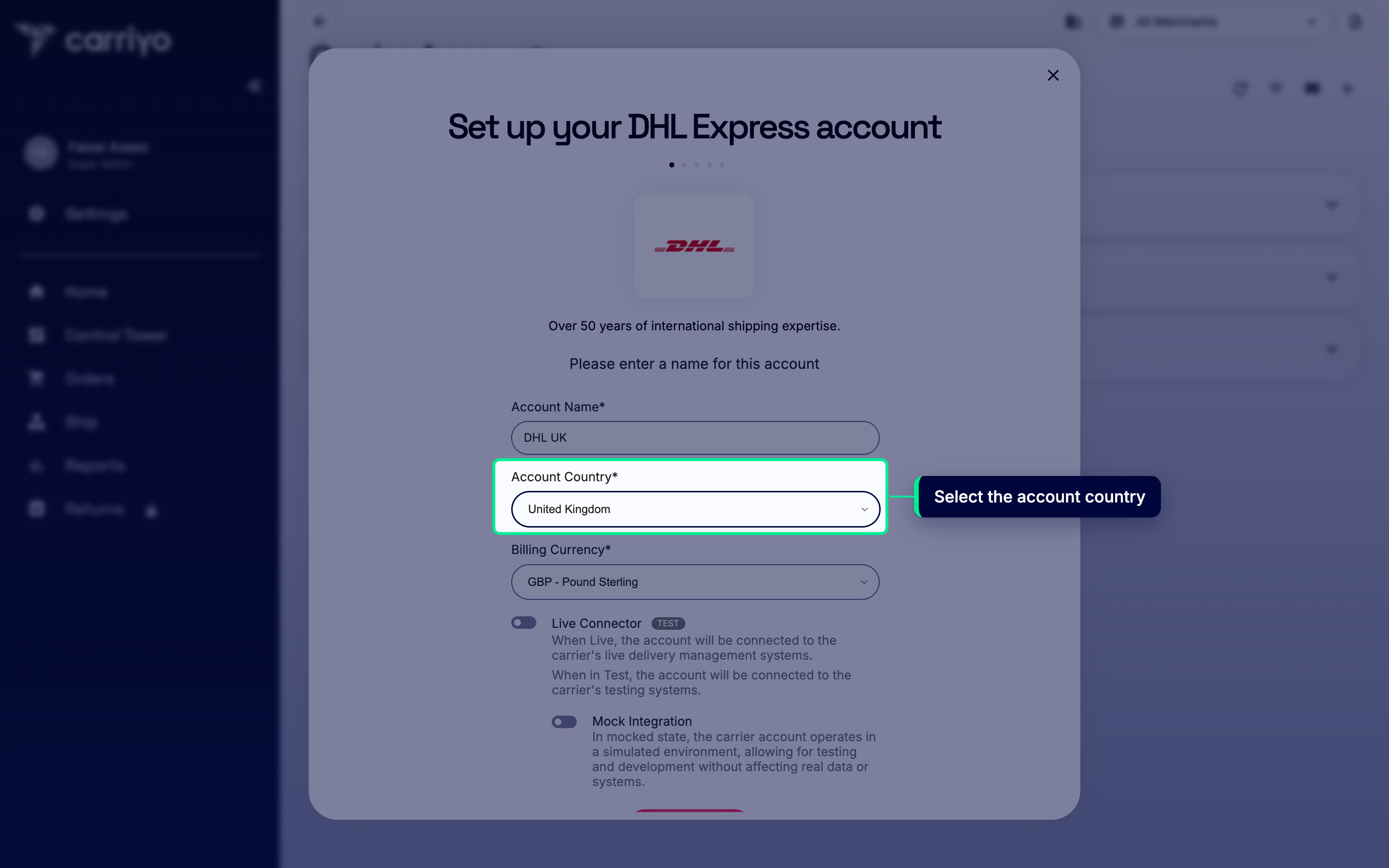 Account Country field with United Kingdom selected