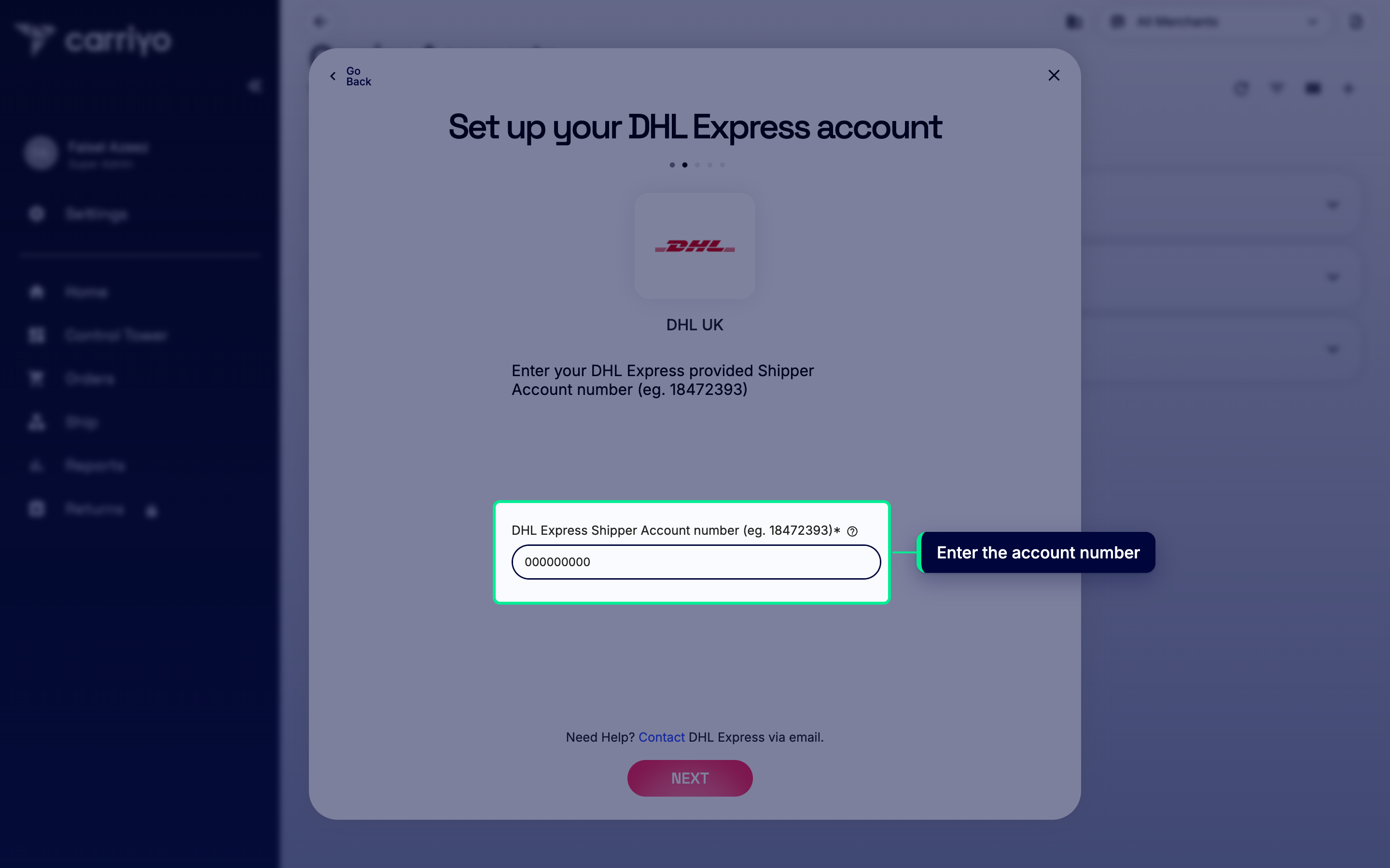 DHL Express Shipper Account field with a sample account number entered