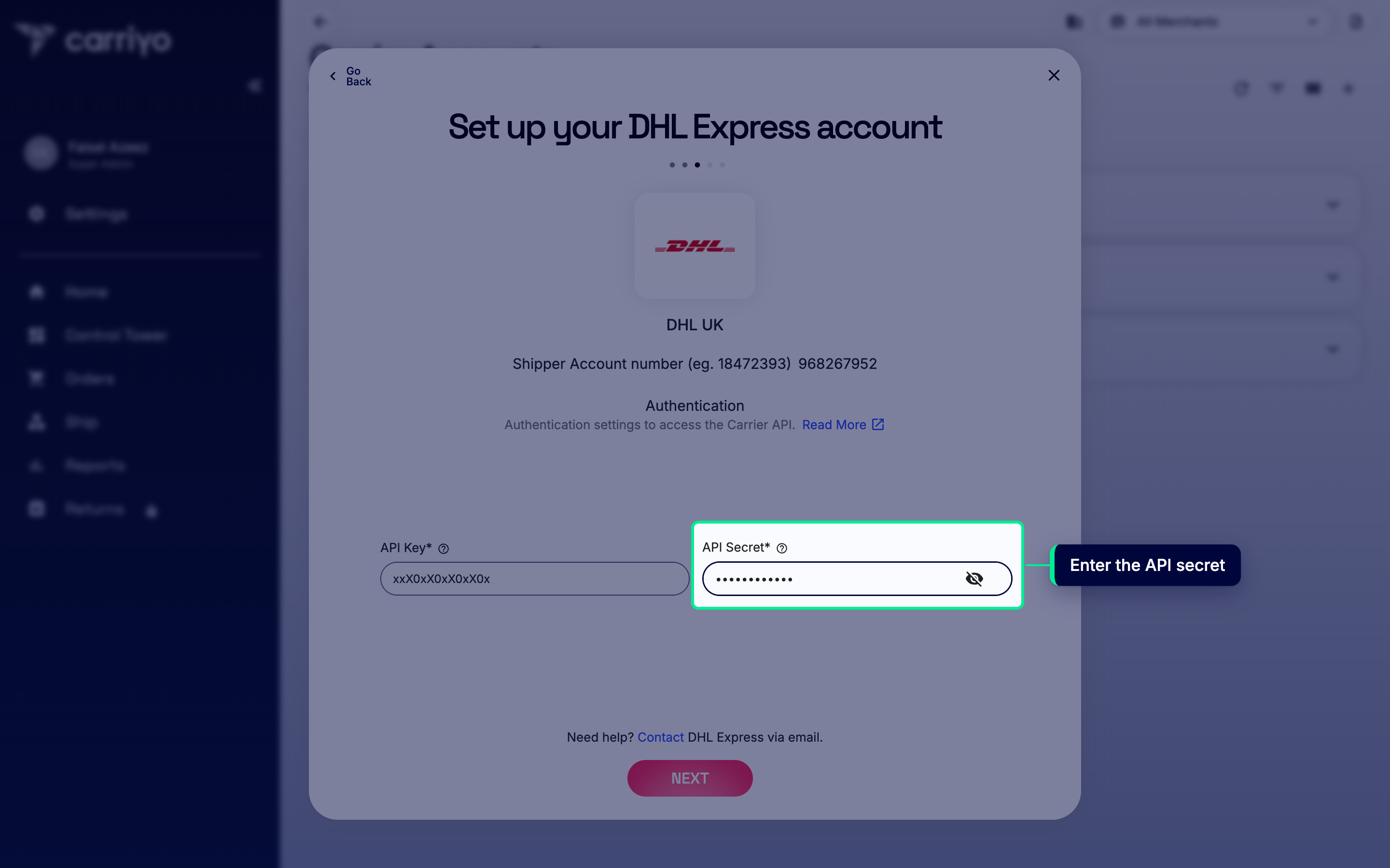 DHL Express API Key and API Secret fields with the API Secret highlighted