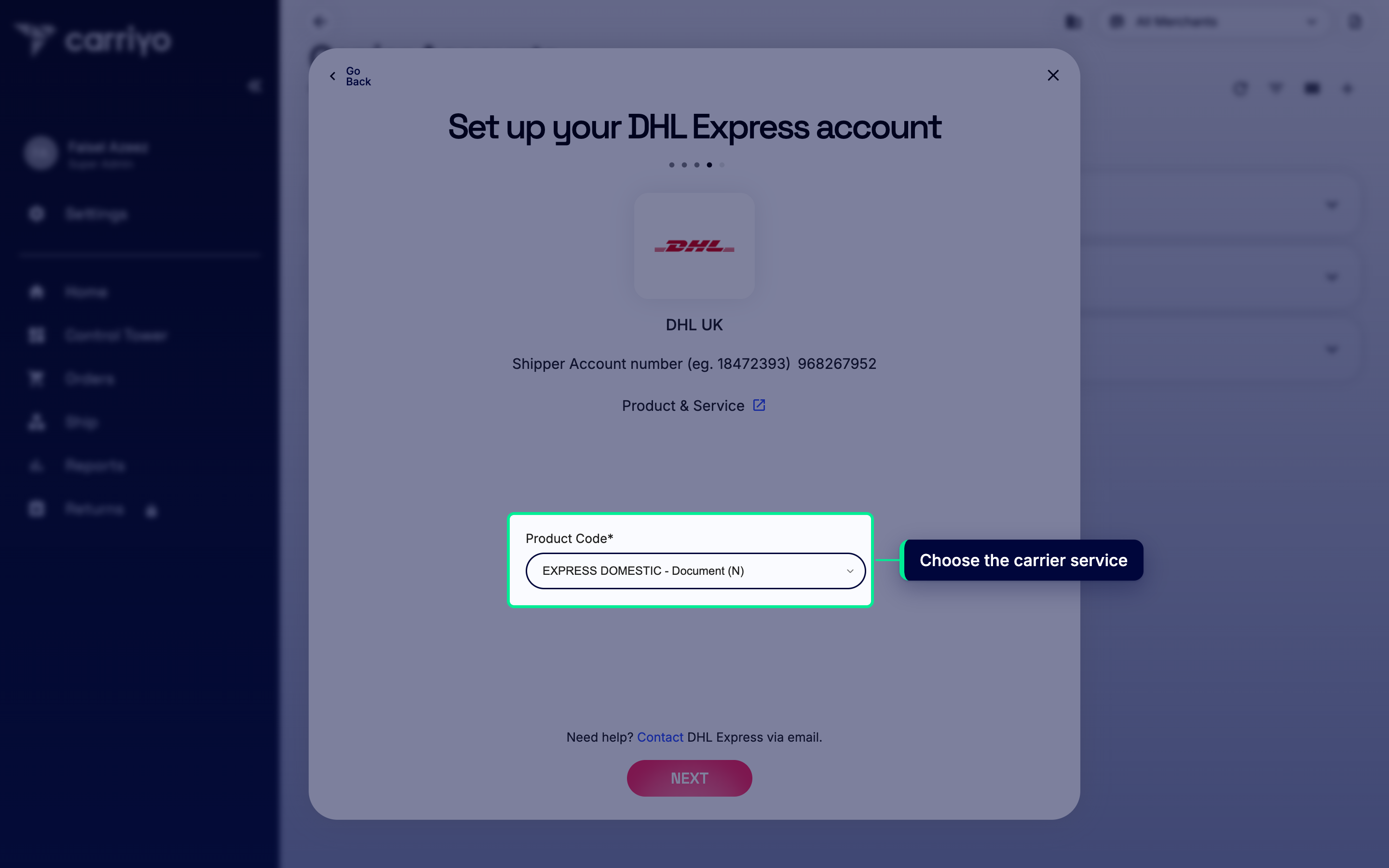 Product Code dropdown with EXPRESS DOMESTIC - Document selected