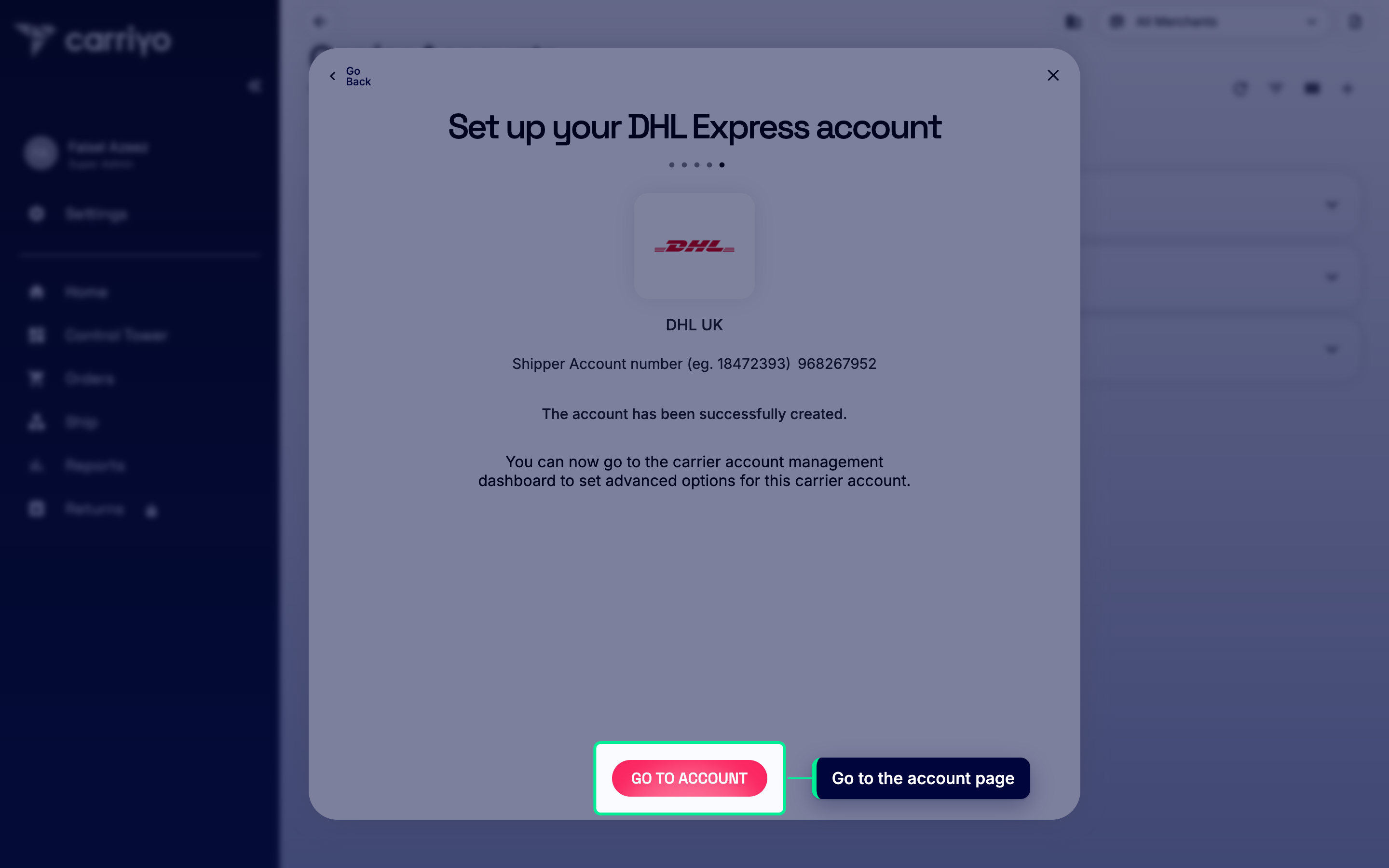 Wizard finish screen with the GO TO ACCOUNT button highlighted