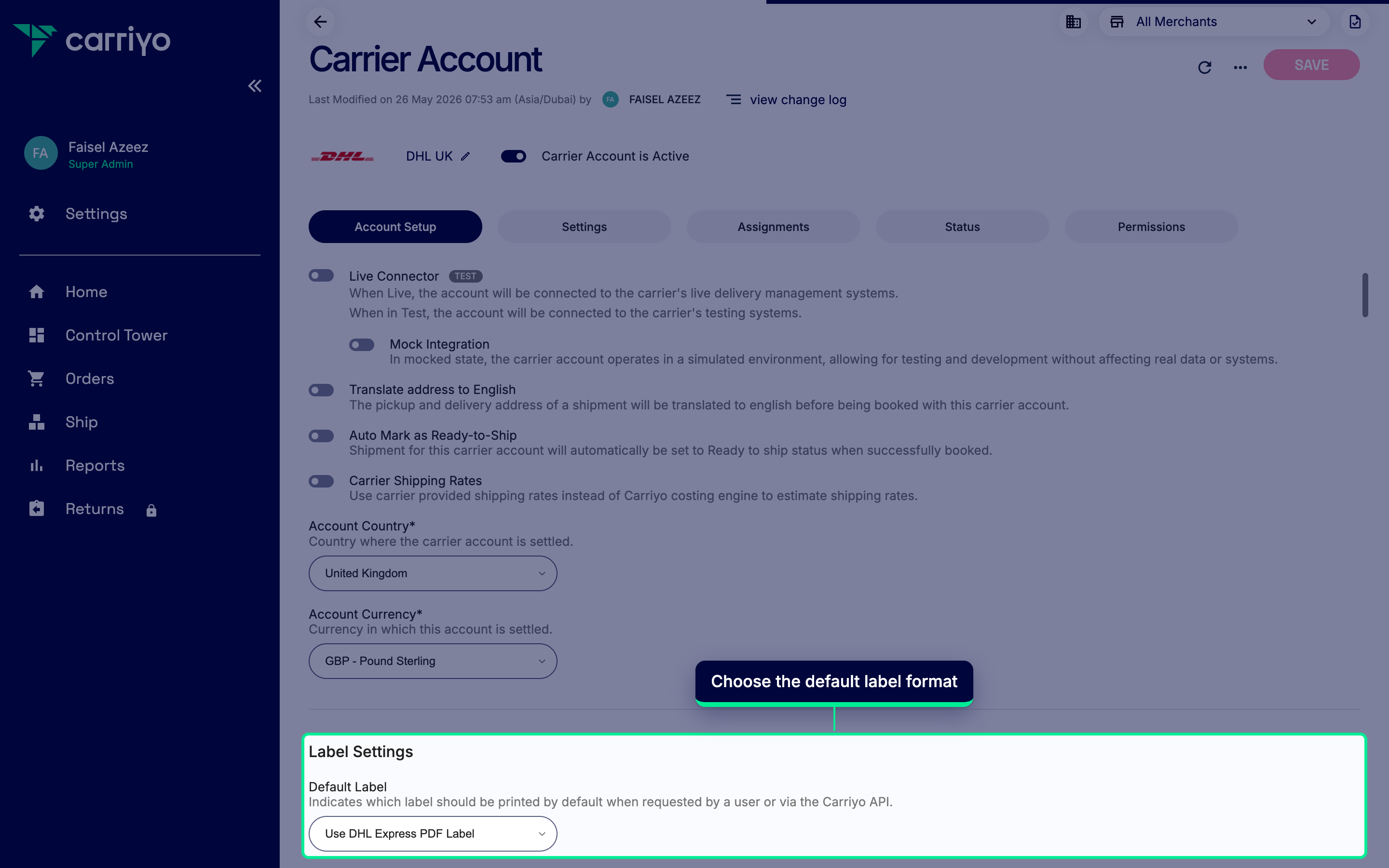 Default Label section with the DHL Express PDF label option selected