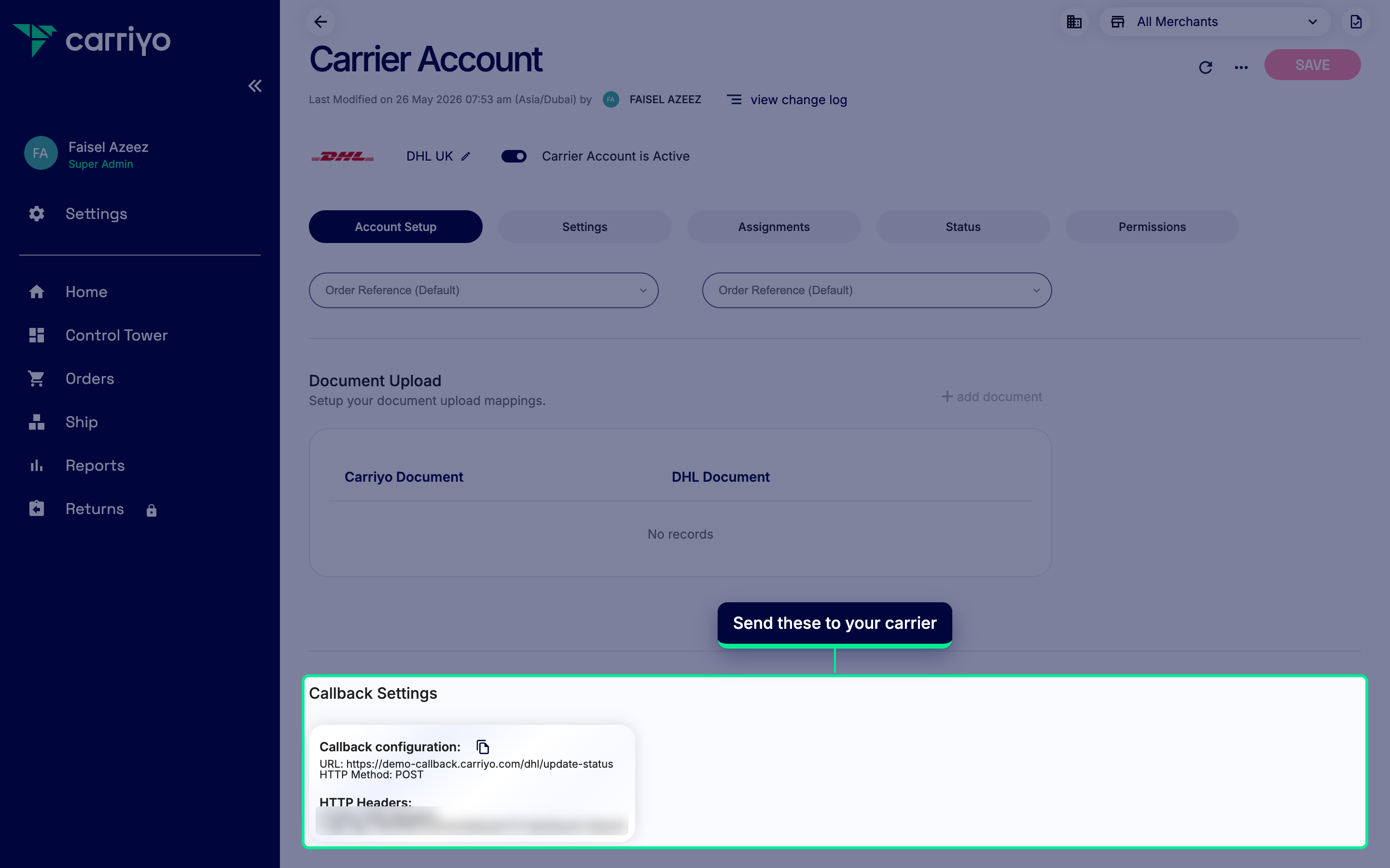 Callback Settings section with the URL and headers shown, x-api-key value obscured