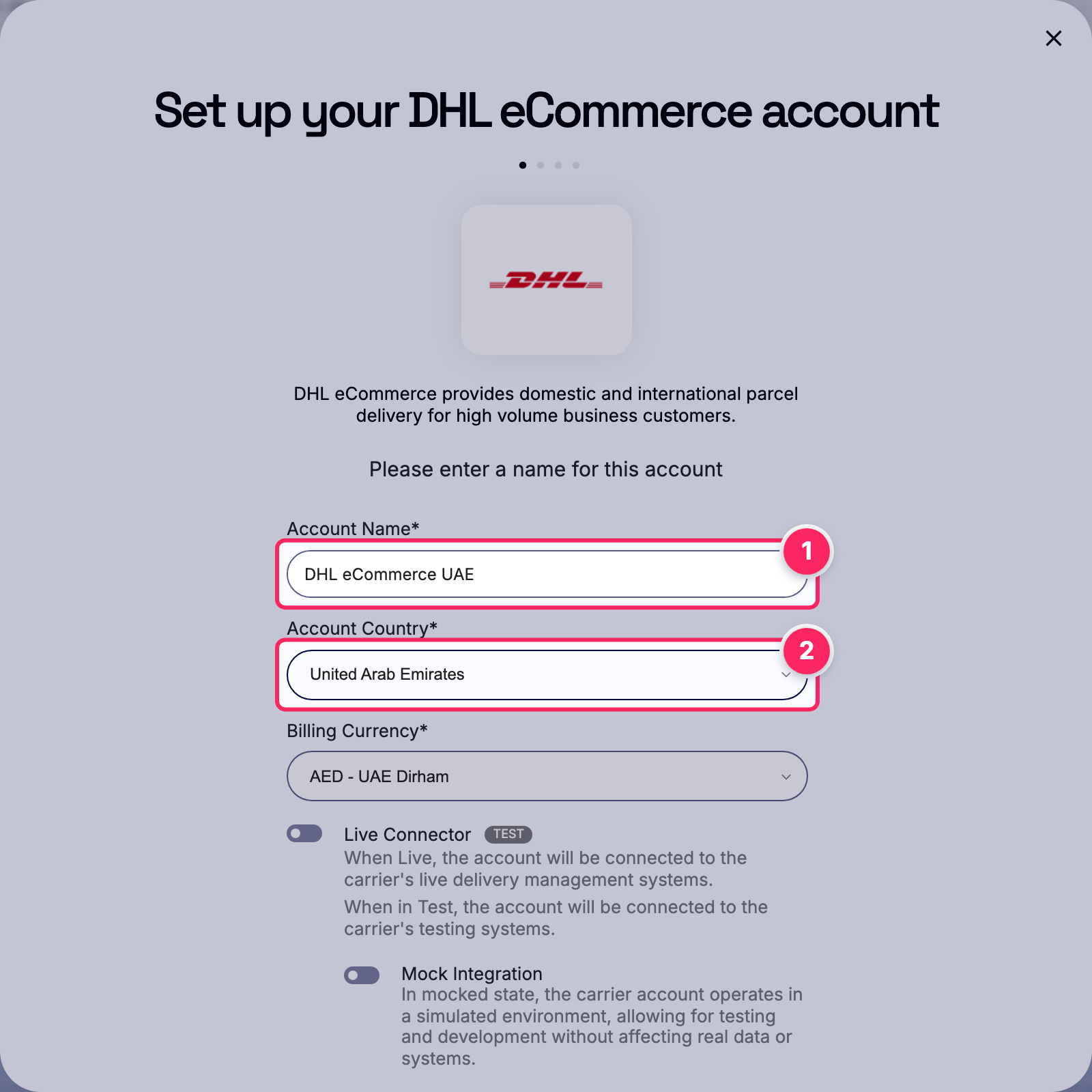 Fill in the account name and country.