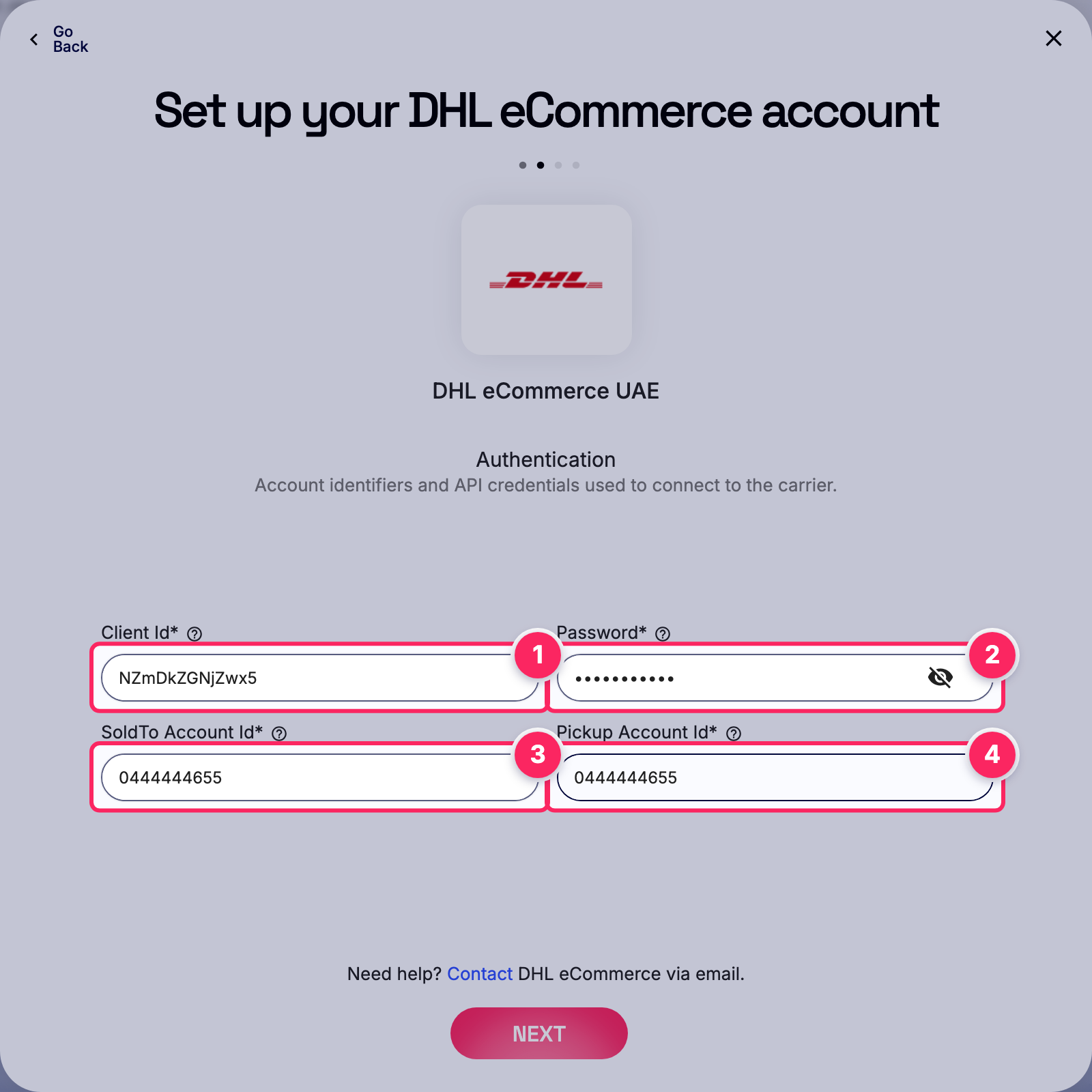 Fill in the DHL eCommerce account details.