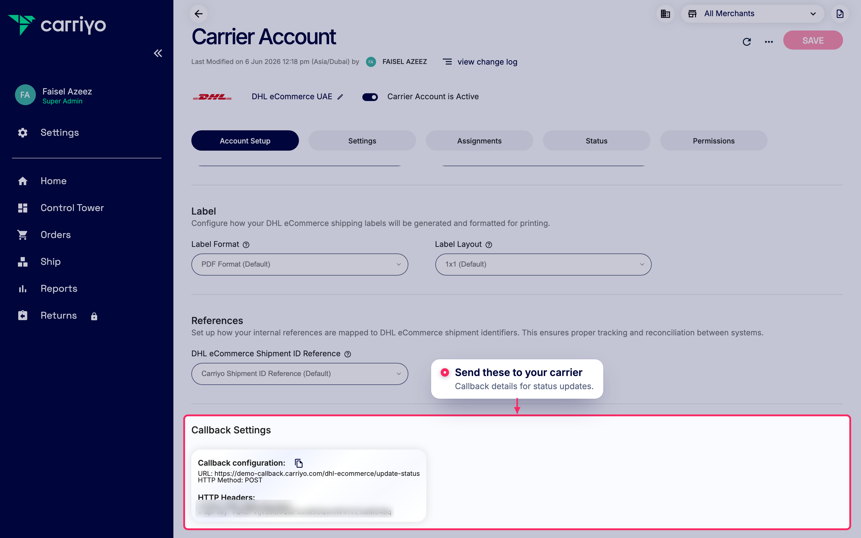 Share callback settings with your carrier