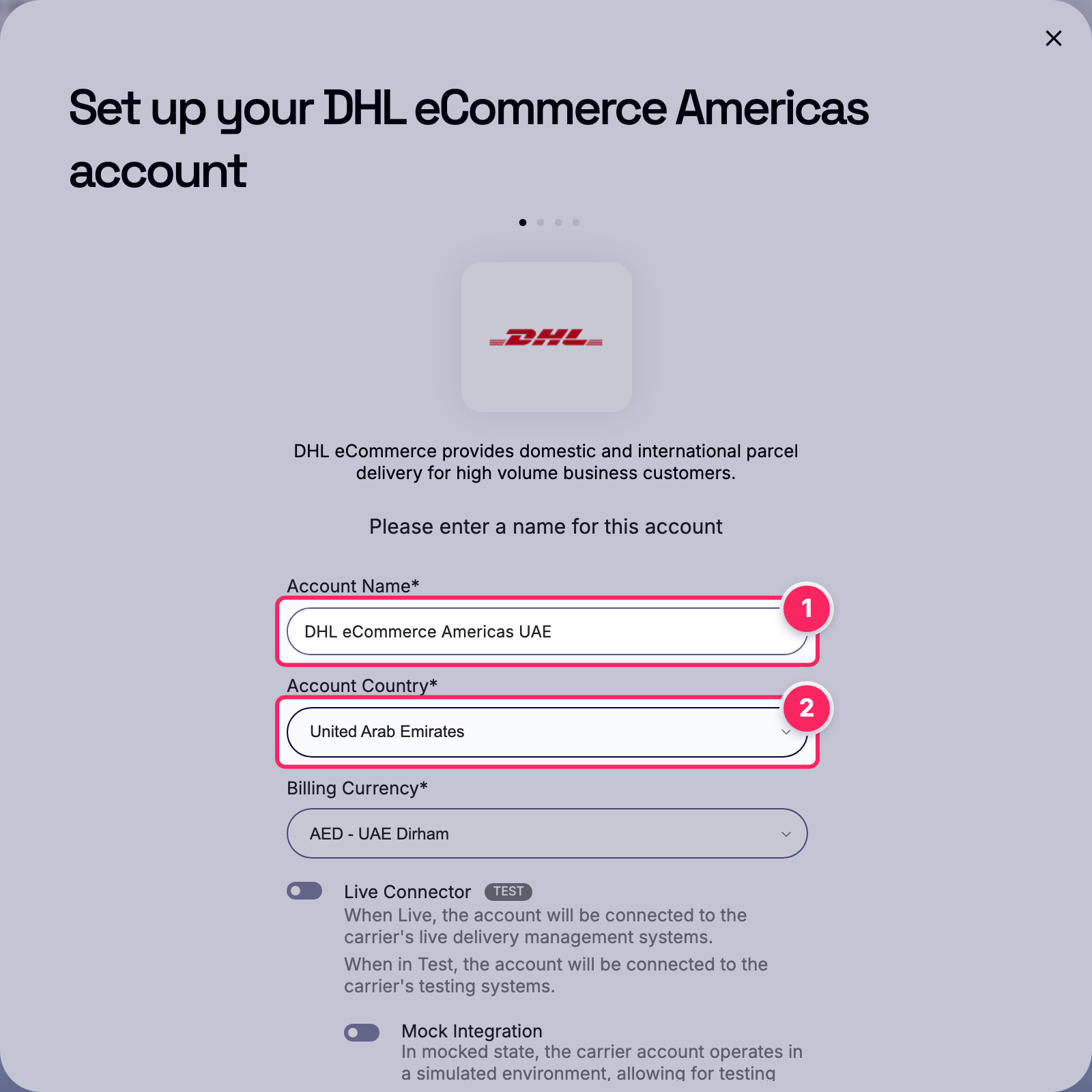 Fill in the account name and country.