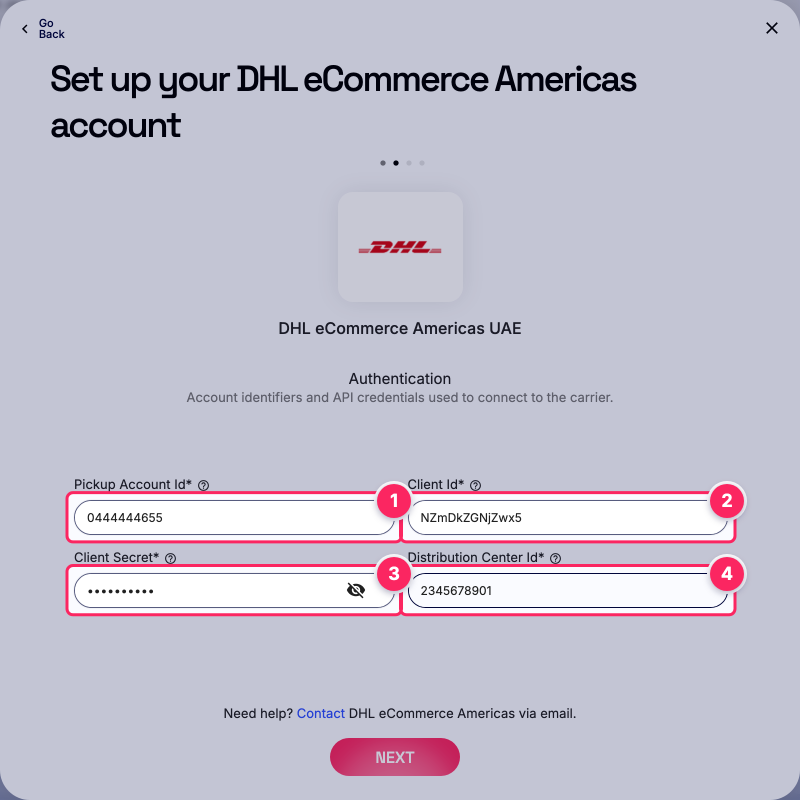 Fill in the DHL eCommerce Americas account details.