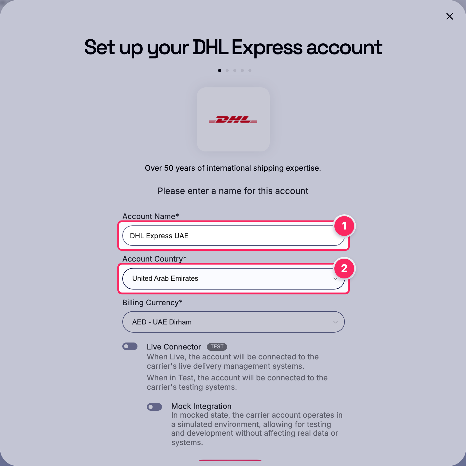 Fill in the account name and country.