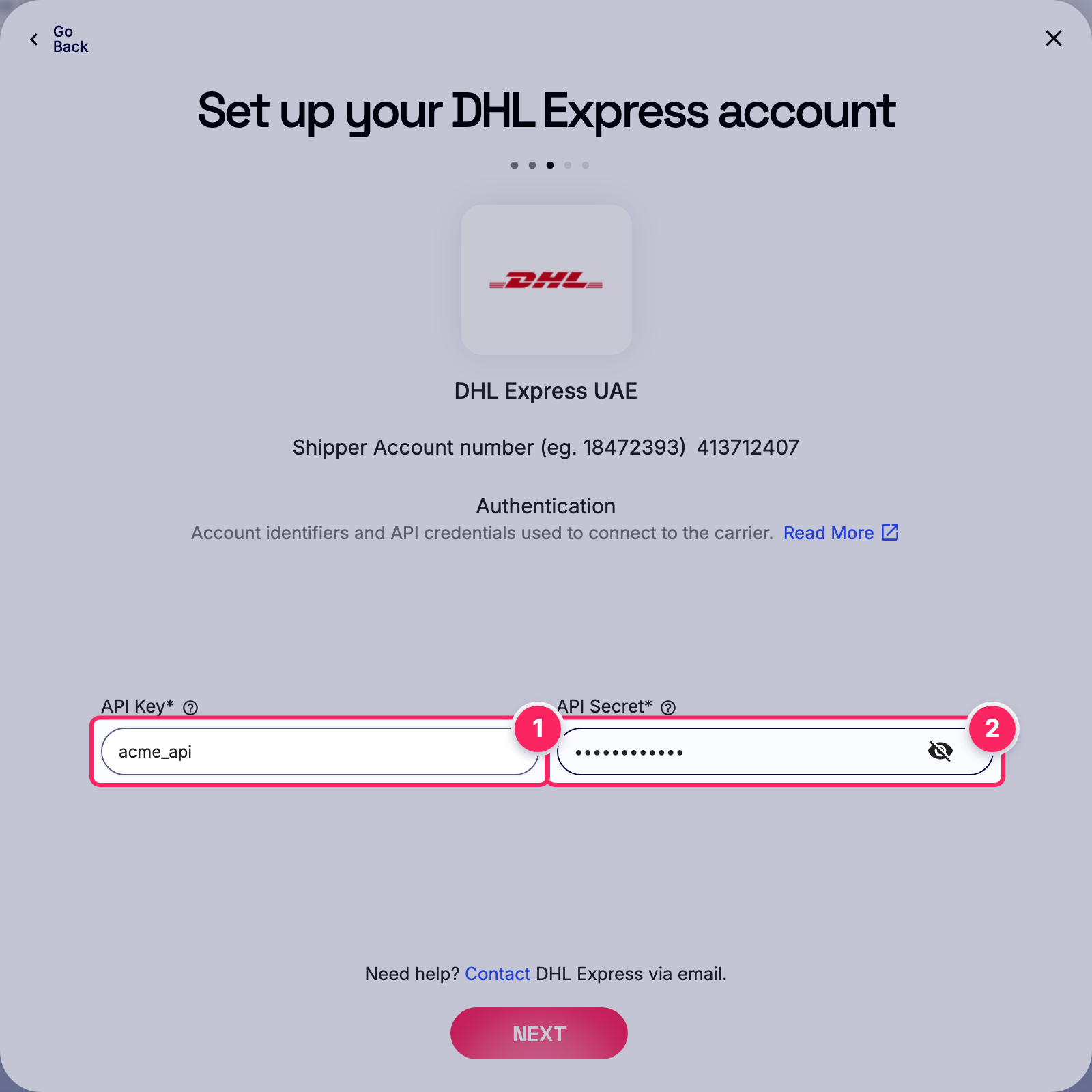 Fill in the DHL Express account details.