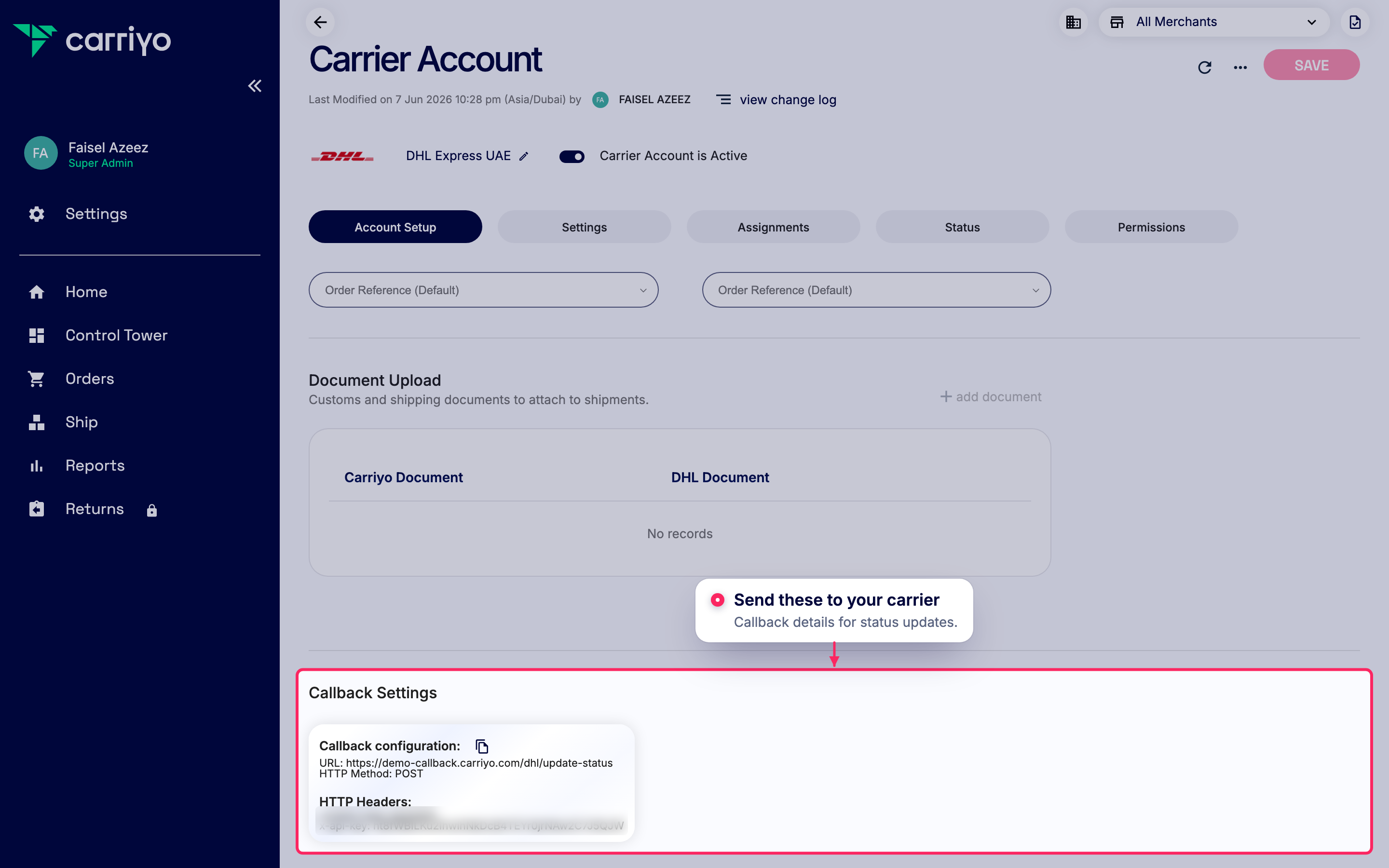 Share callback settings with your carrier