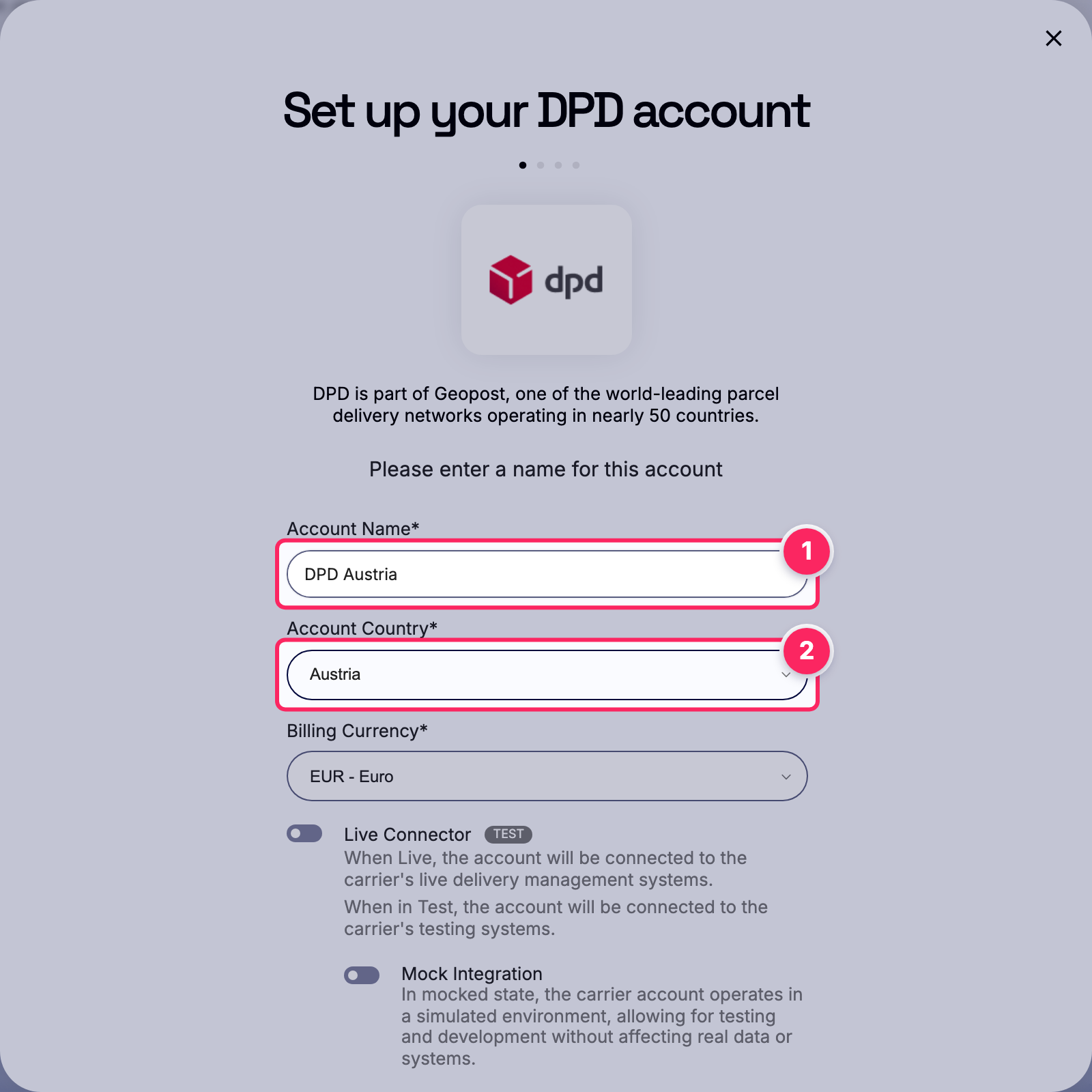 Fill in the account name and country.