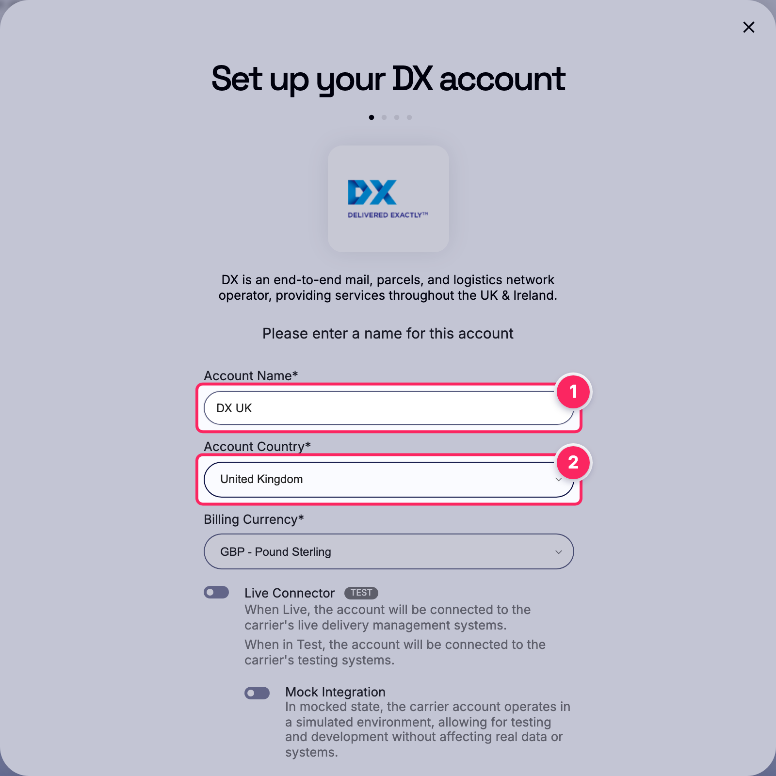 Fill in the account name and country.