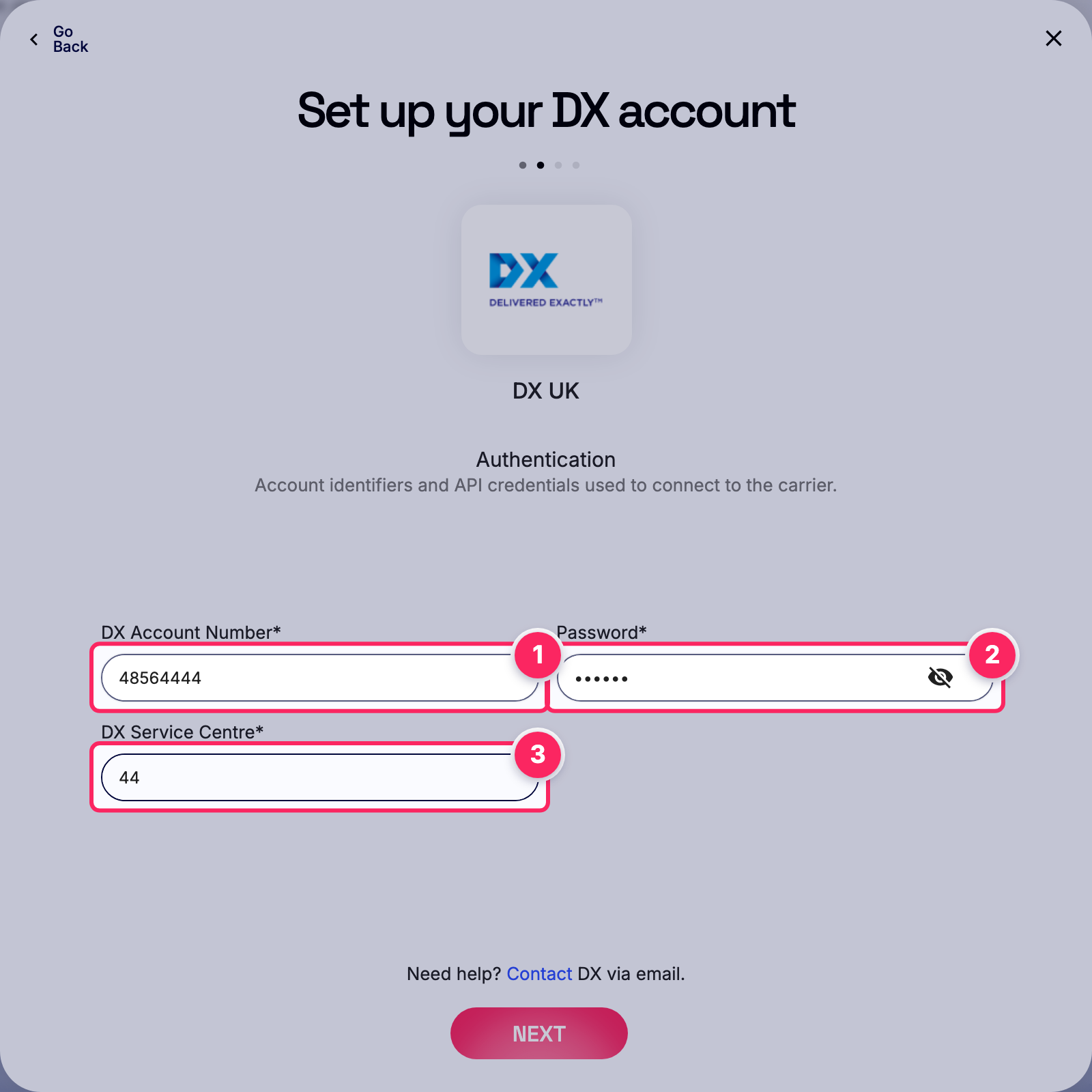 Fill in the DX account details.