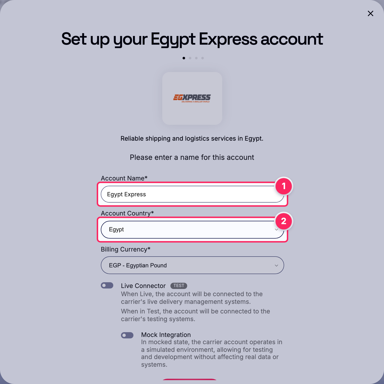 Fill in the account name and country.