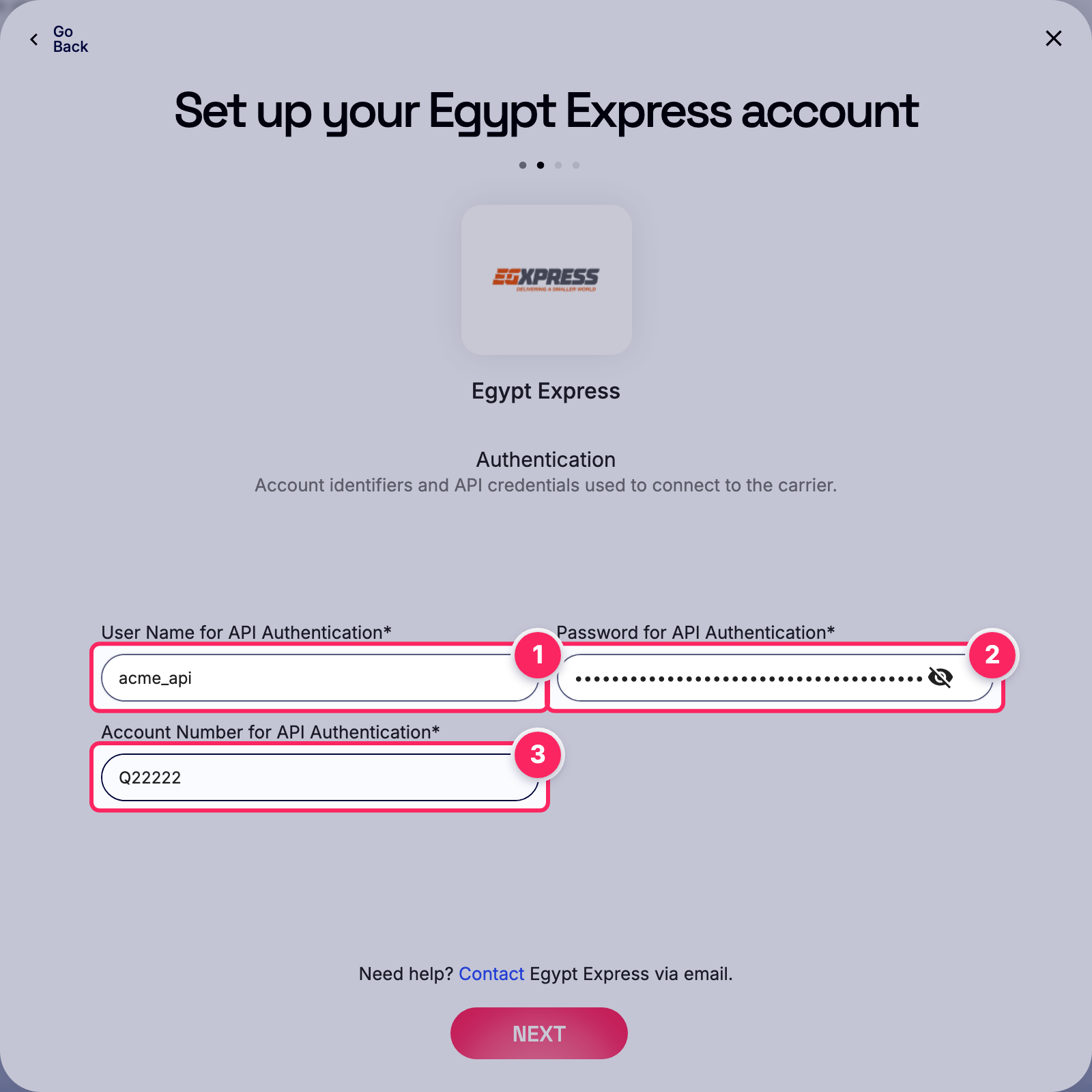 Fill in the Egypt Express account details.