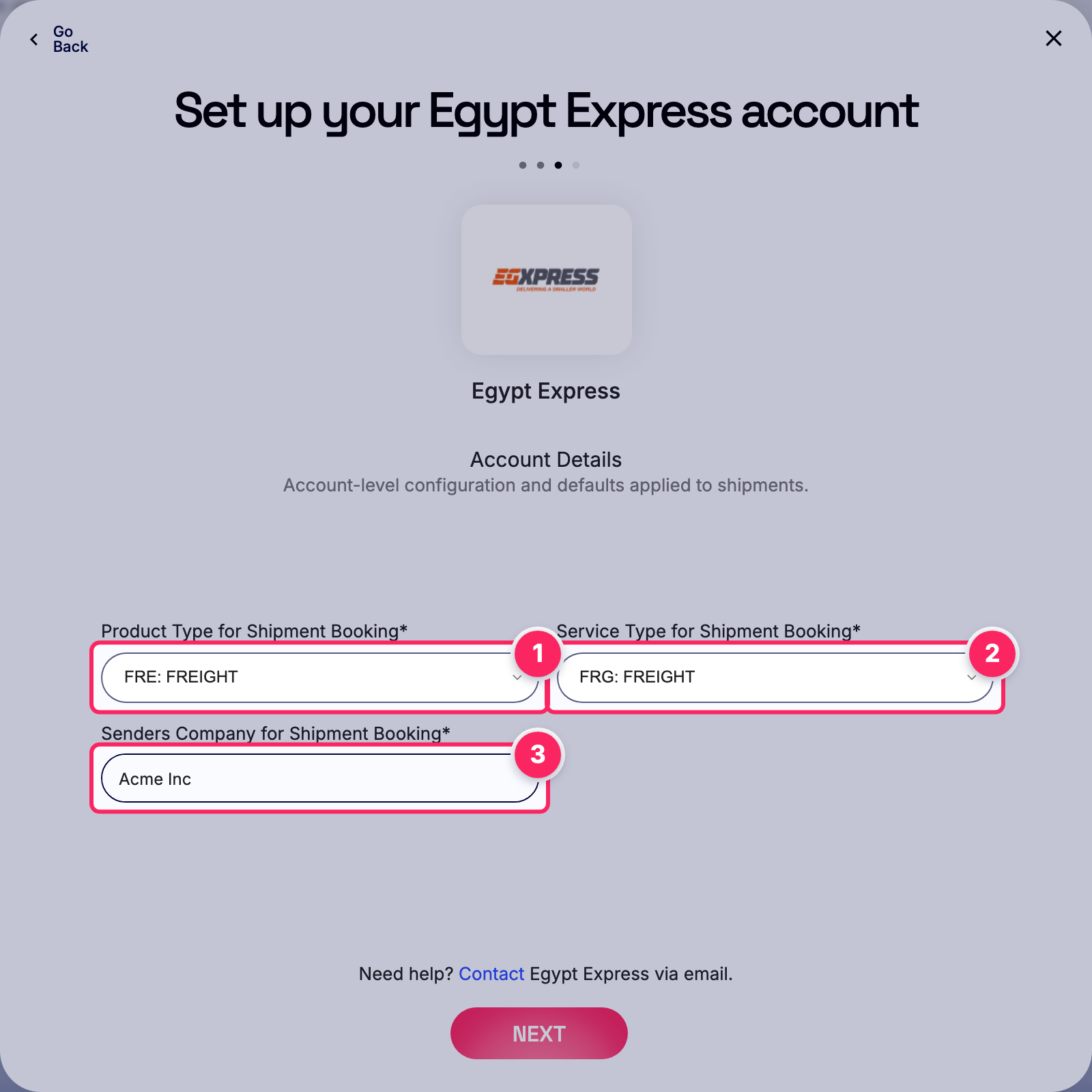 Fill in the Egypt Express account details.