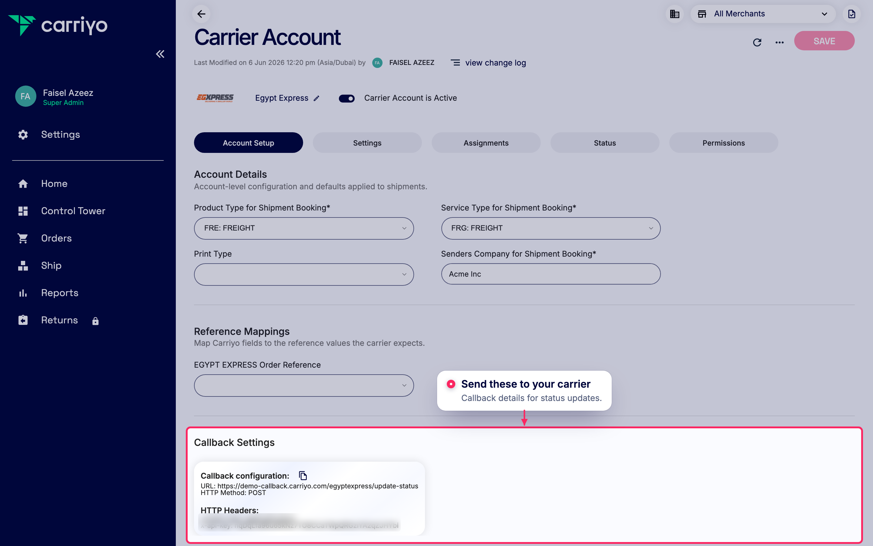 Share callback settings with your carrier
