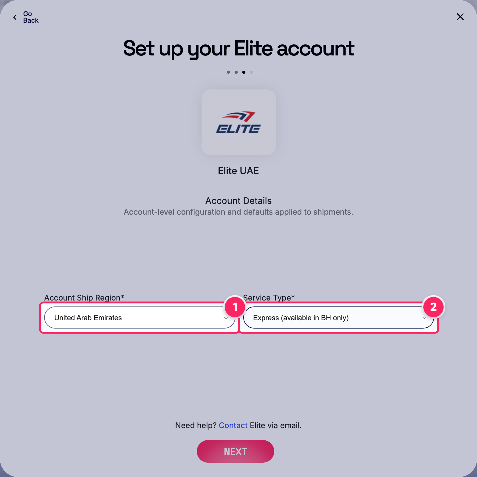 Fill in the Elite account details.