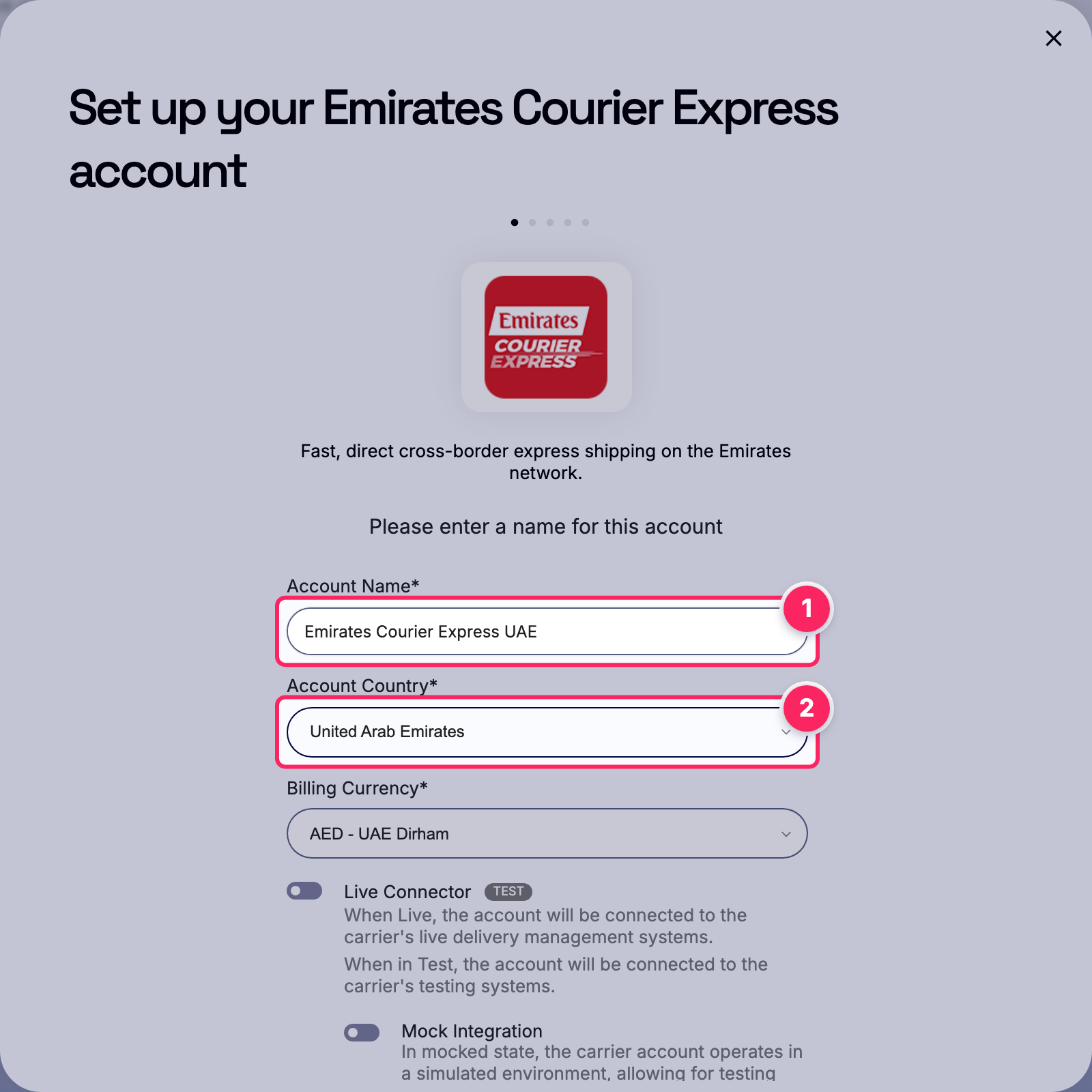 Fill in the account name and country.