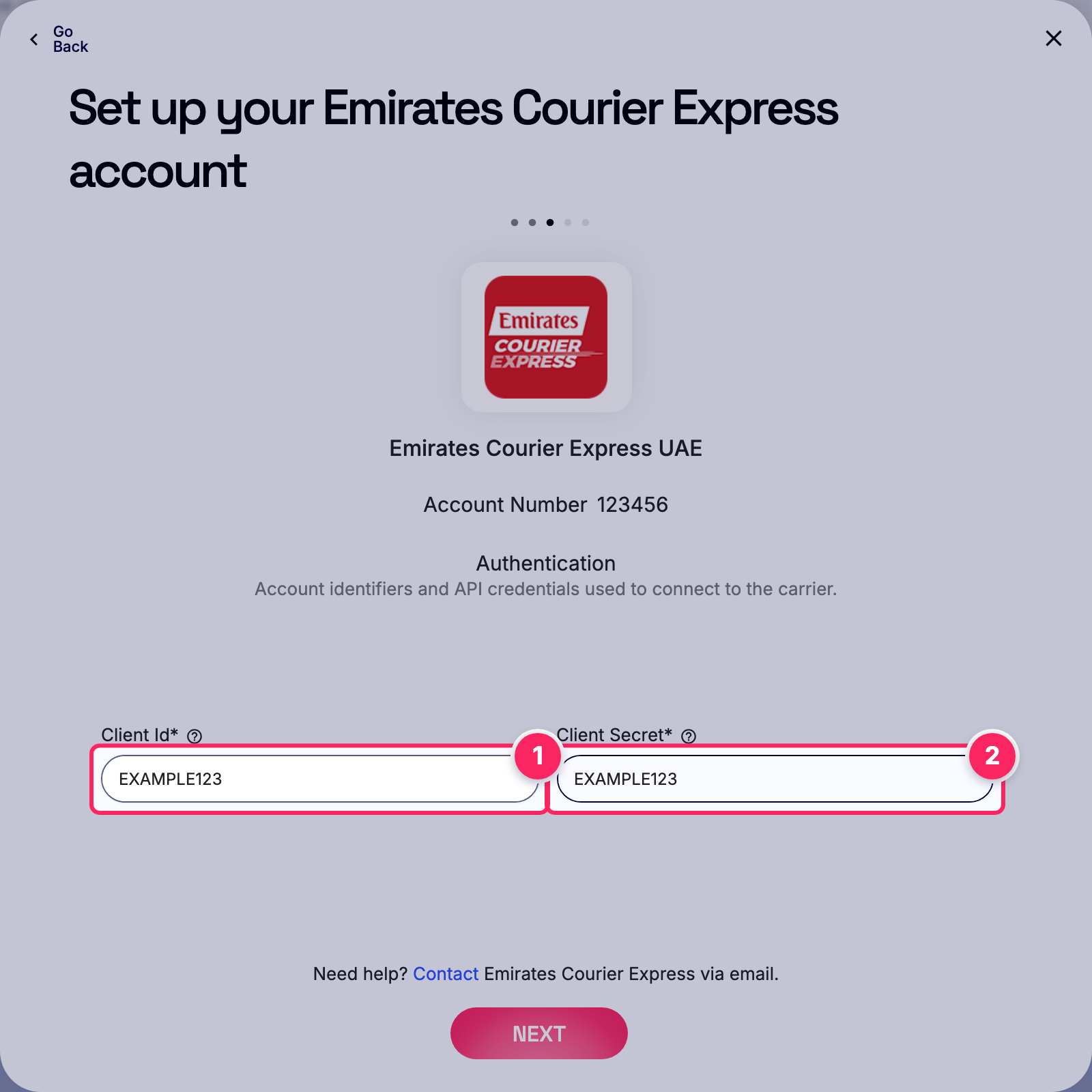 Fill in the Emirates Courier Express account details.