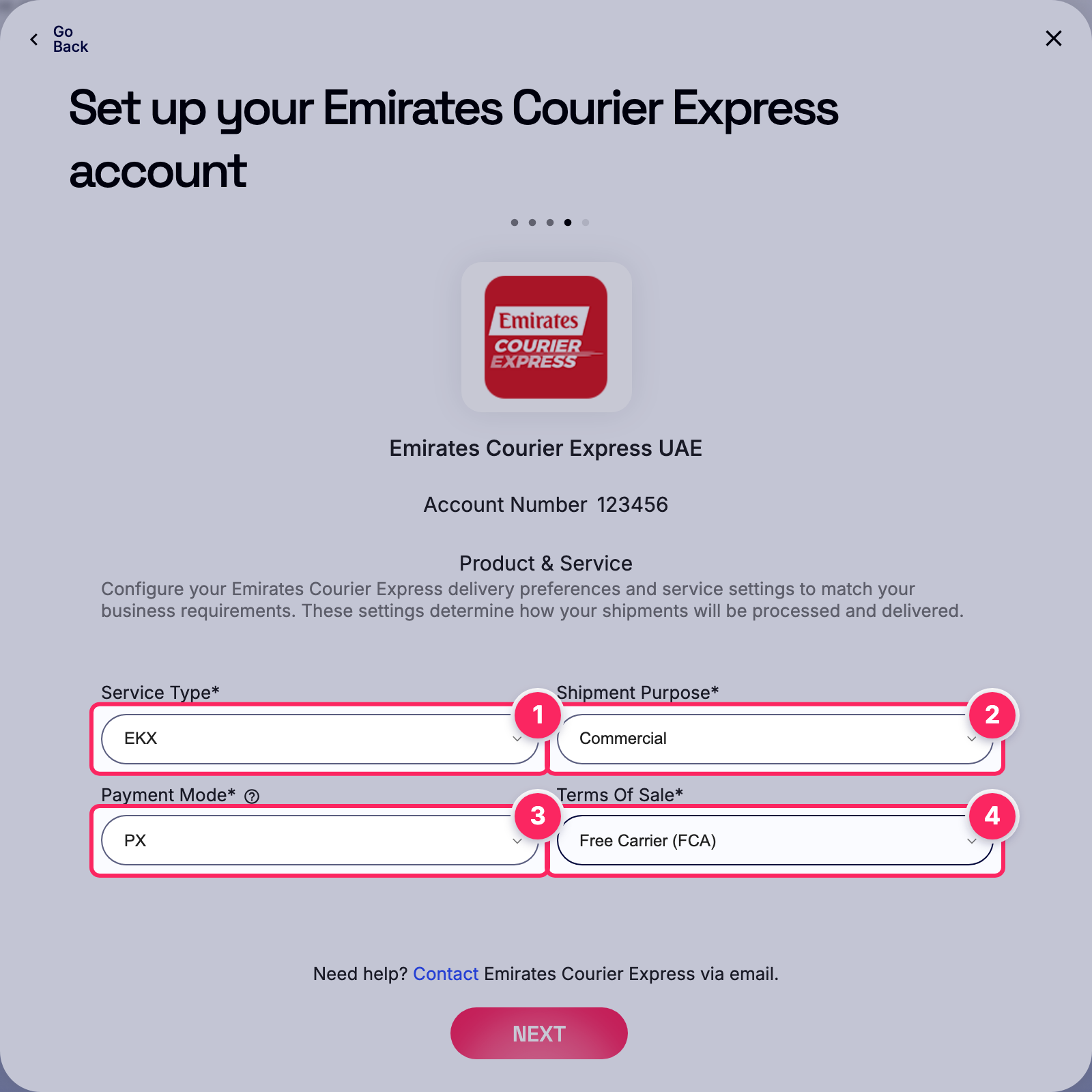 Fill in the Emirates Courier Express account details.