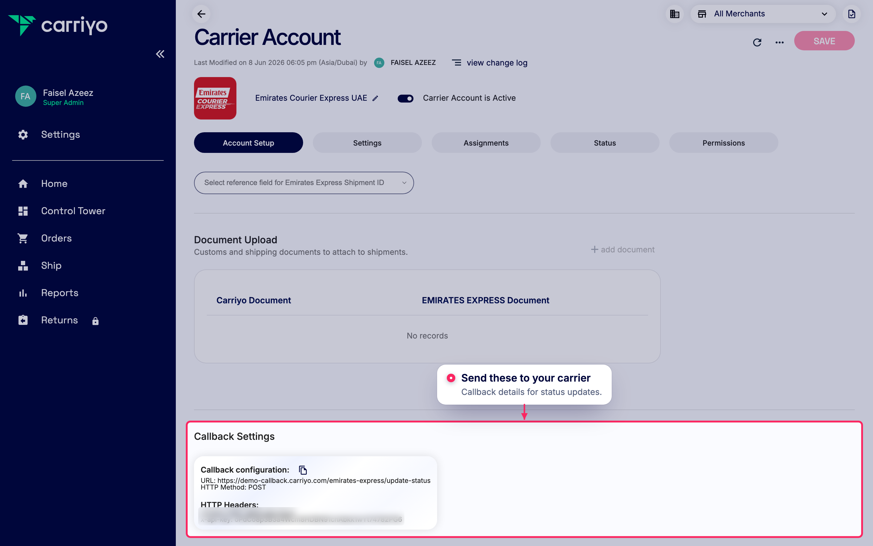 Share callback settings with your carrier