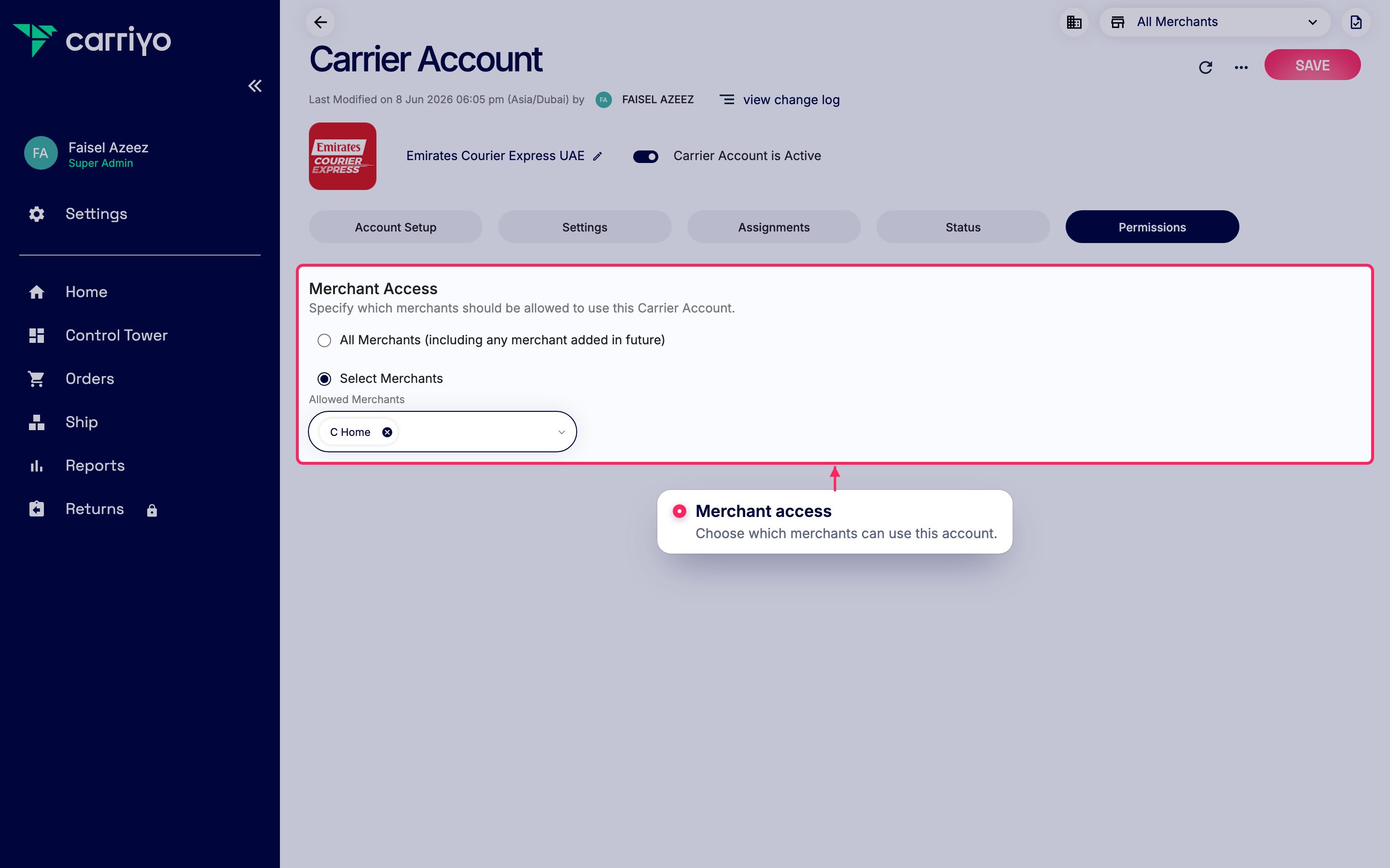Add merchants to this carrier account