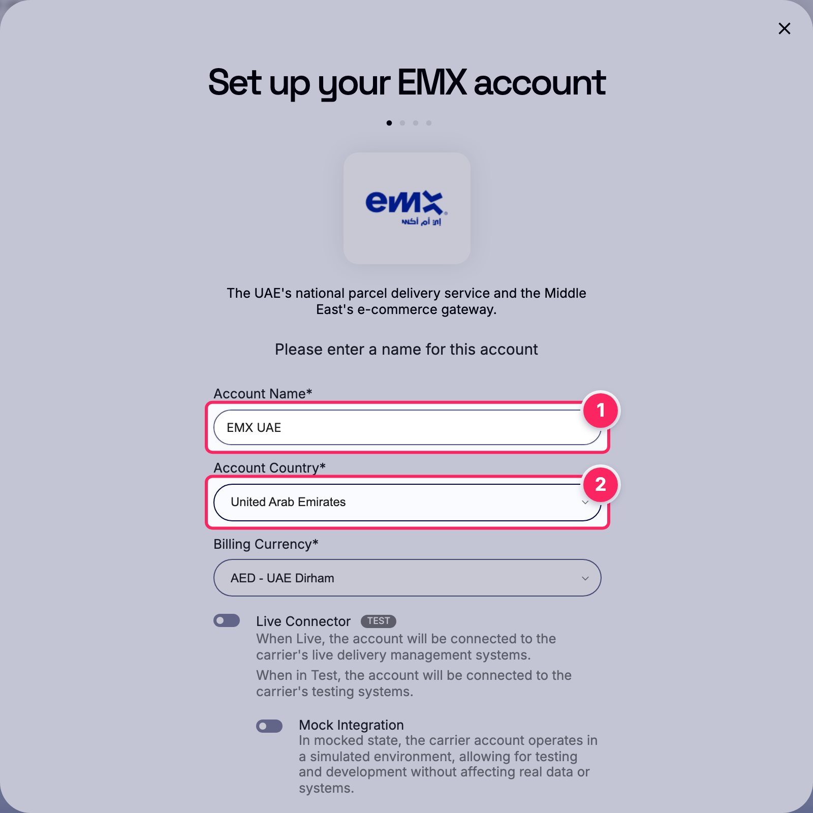 Fill in the account name and country.
