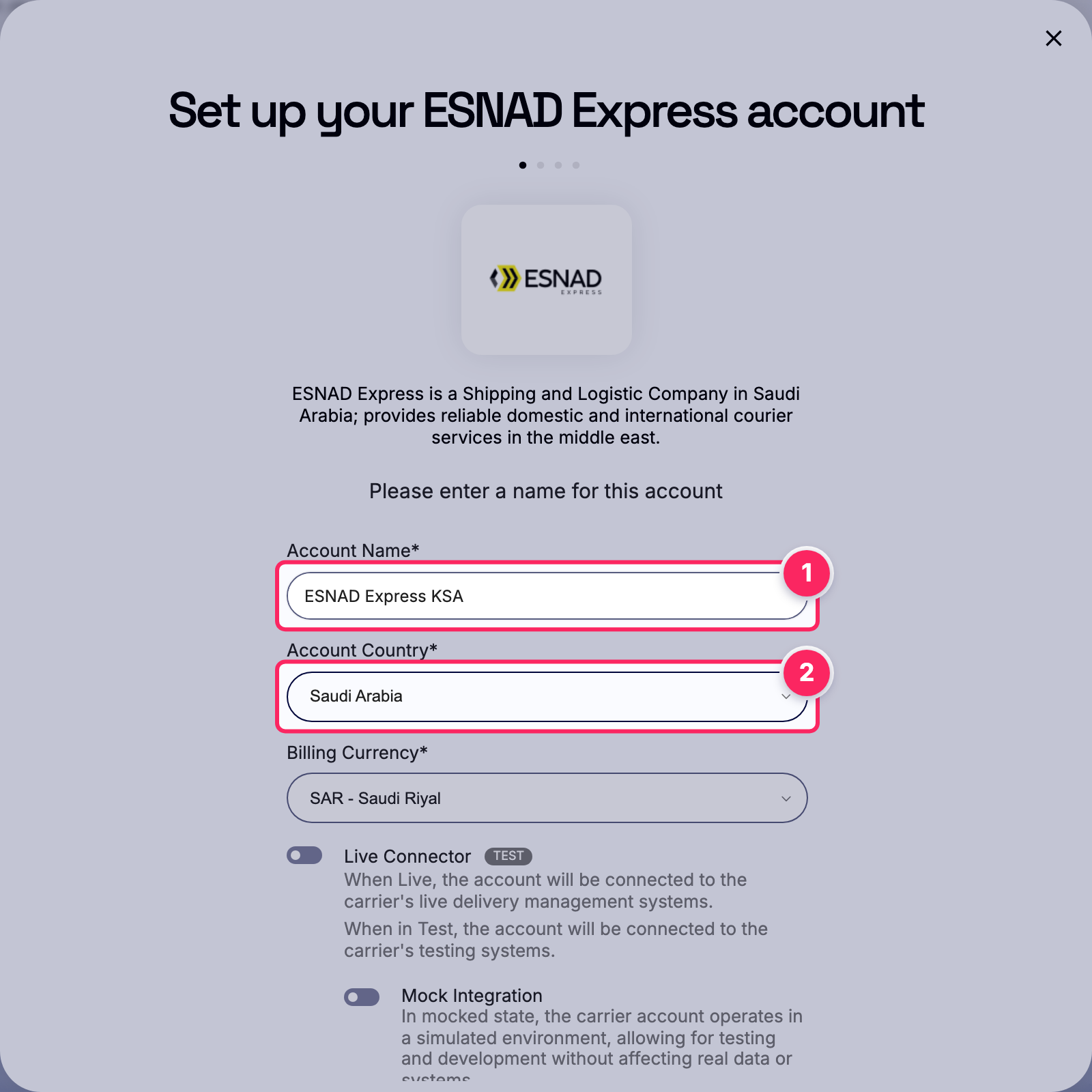 Fill in the account name and country.