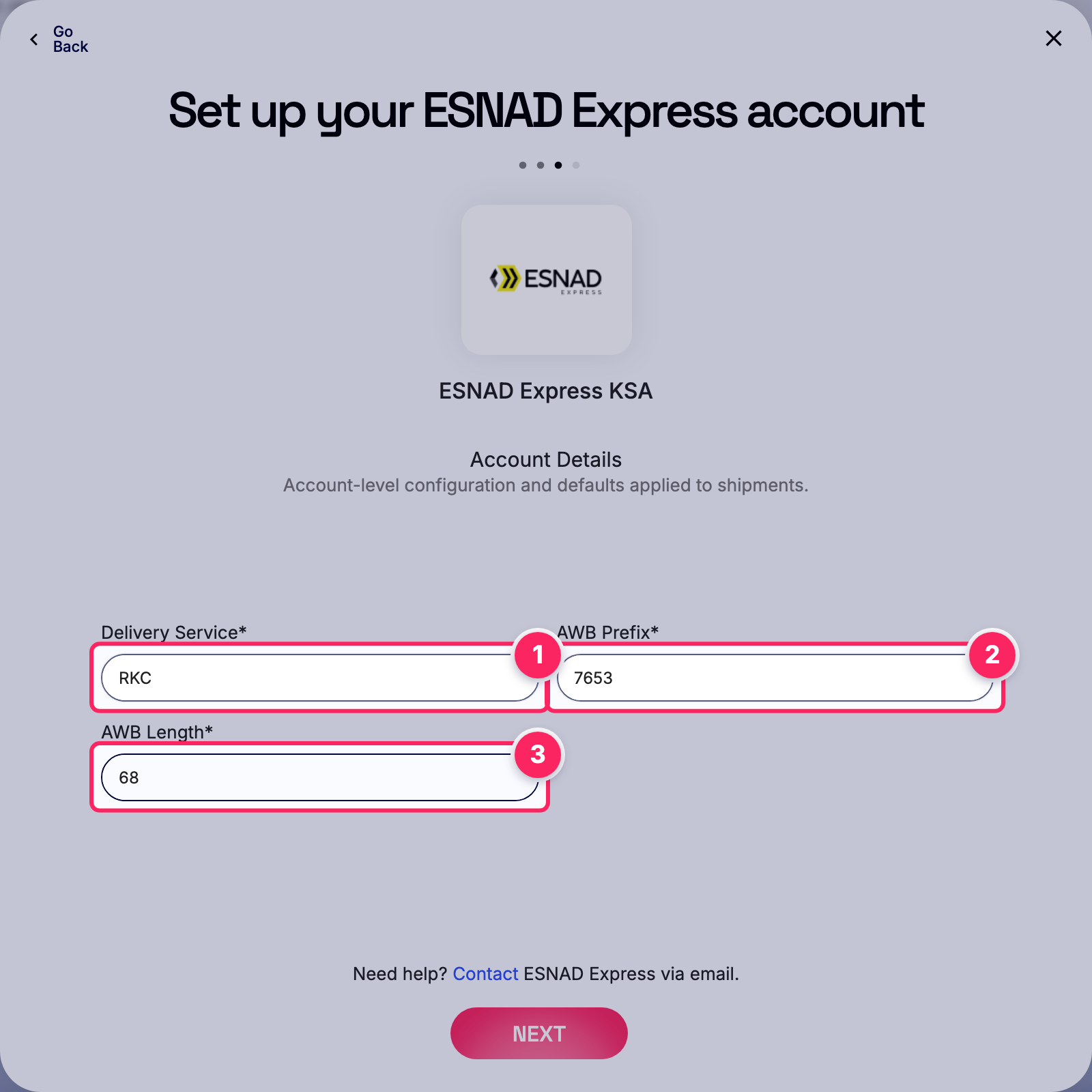Fill in the ESNAD Express account details.