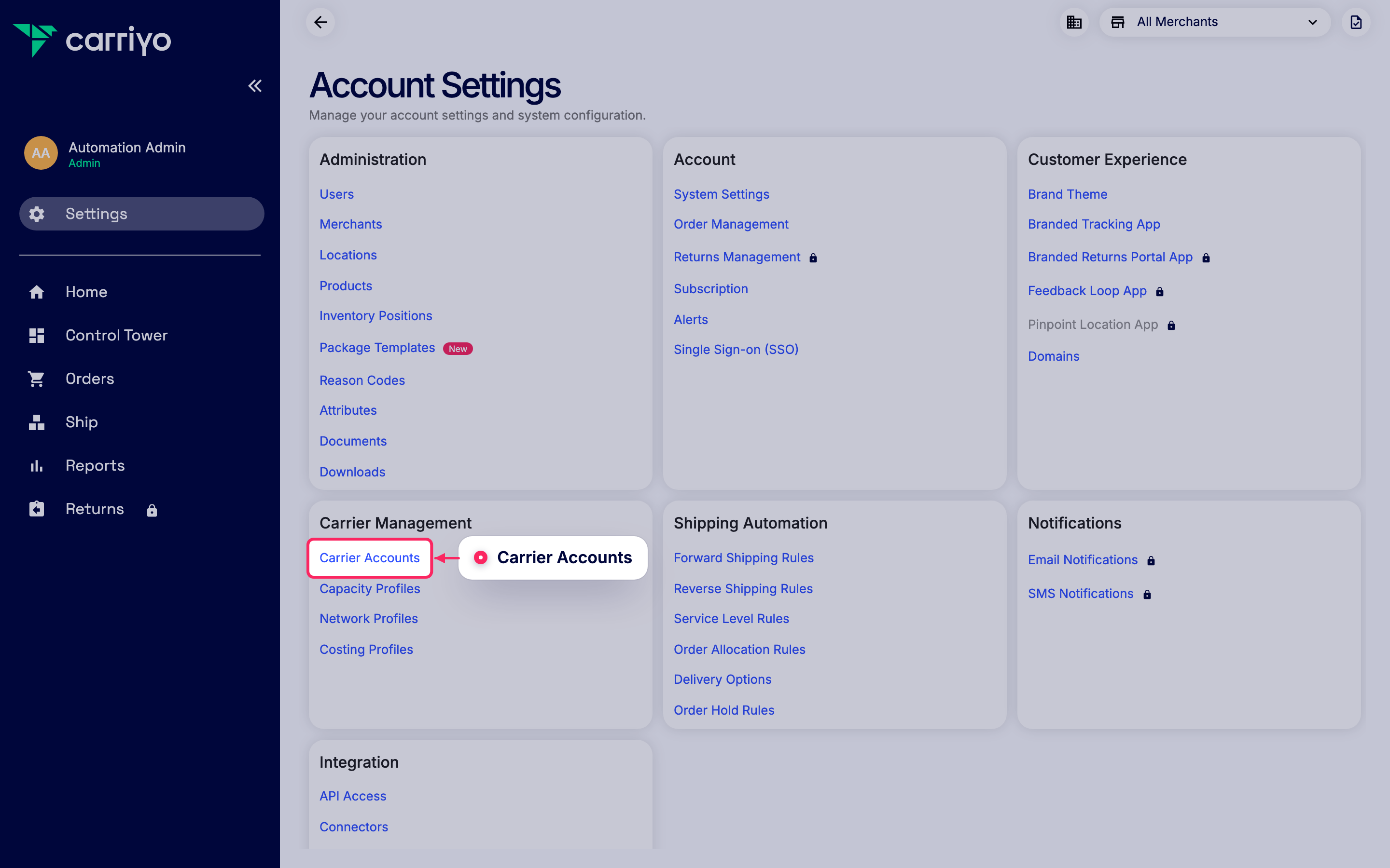 Go to Carrier Accounts