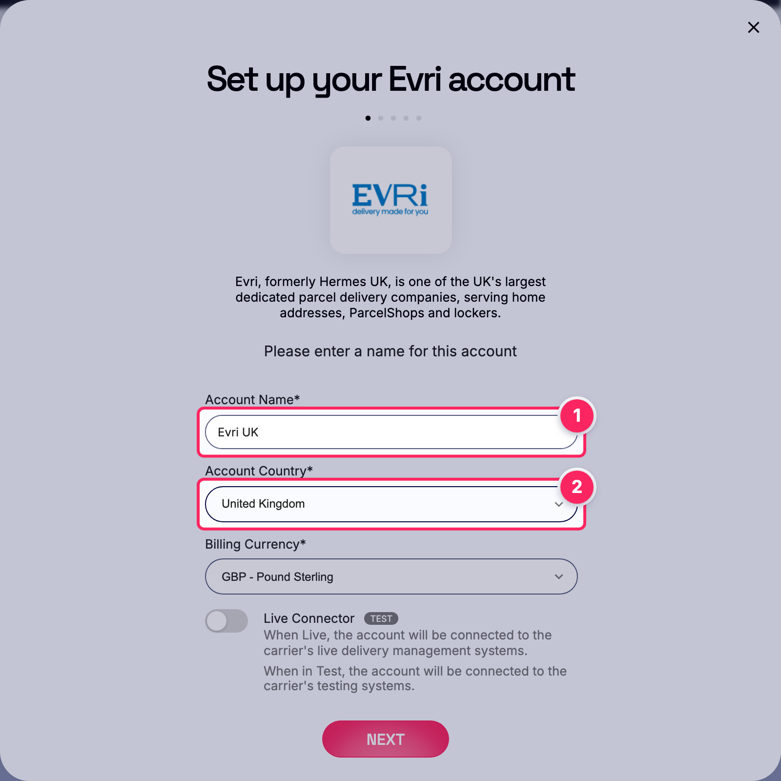 Fill in the account name and country.