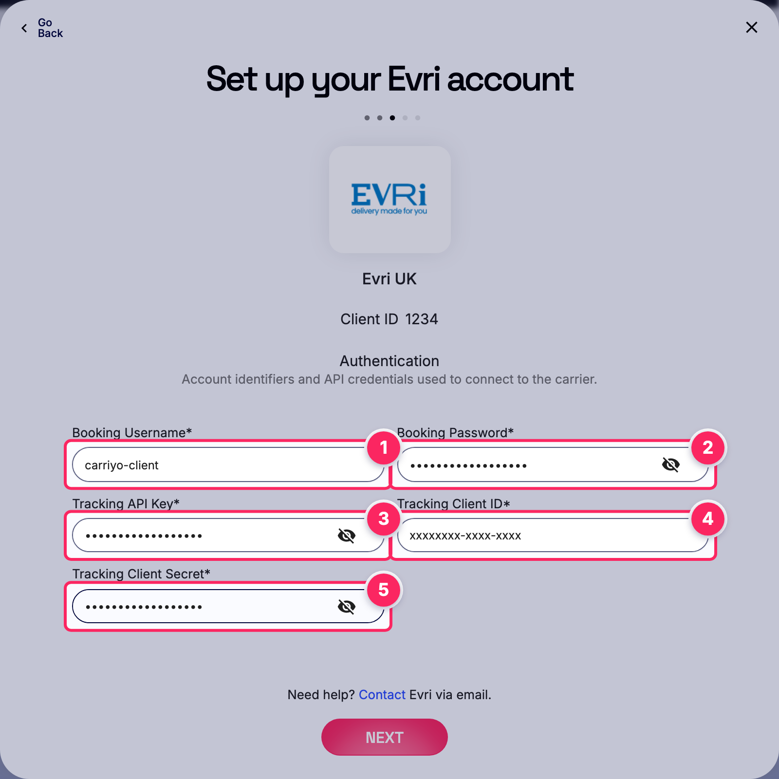 Fill in the Evri account details.