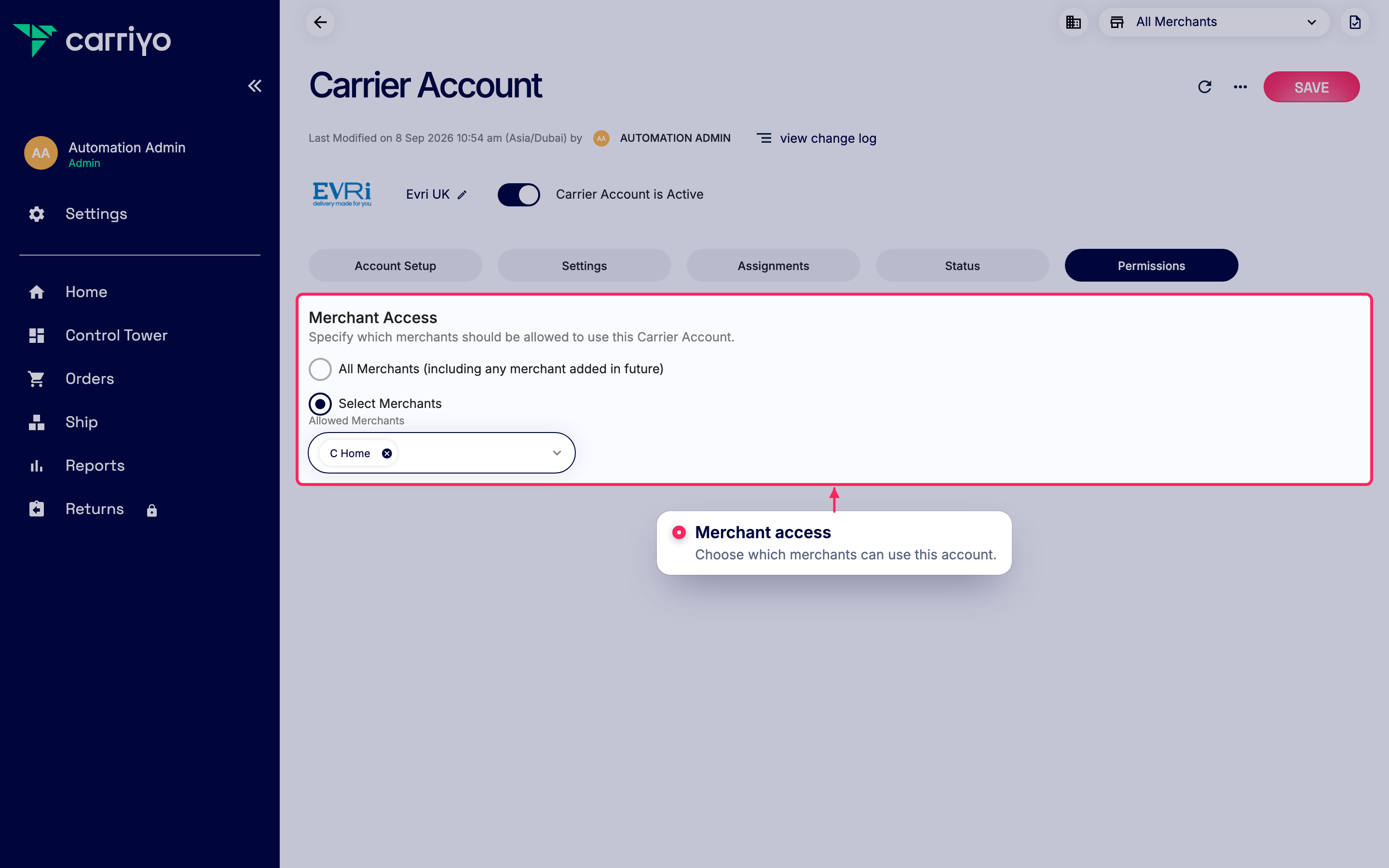 Add merchants to this carrier account