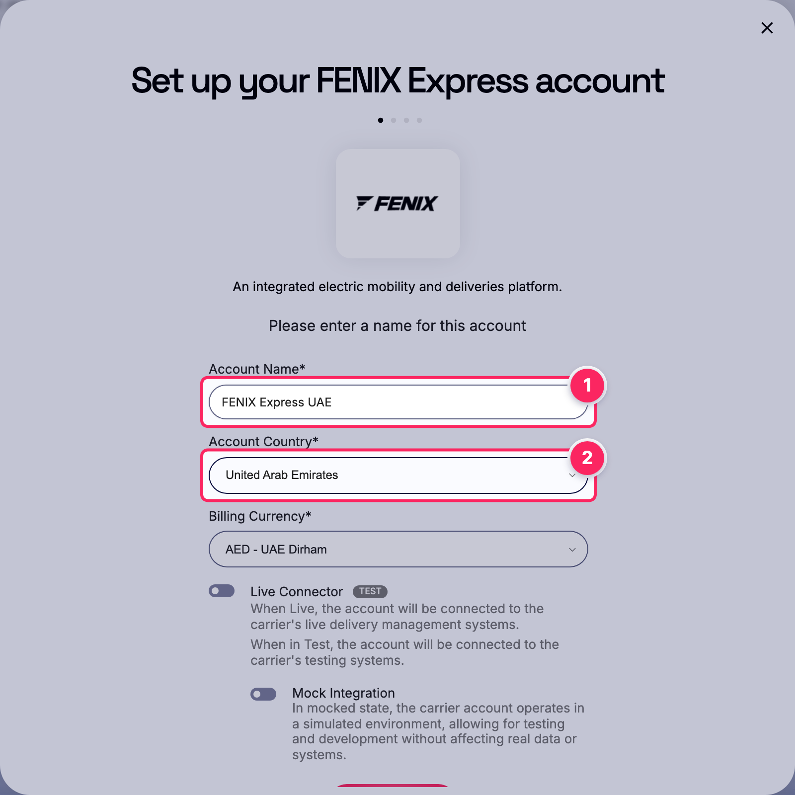 Fill in the account name and country.