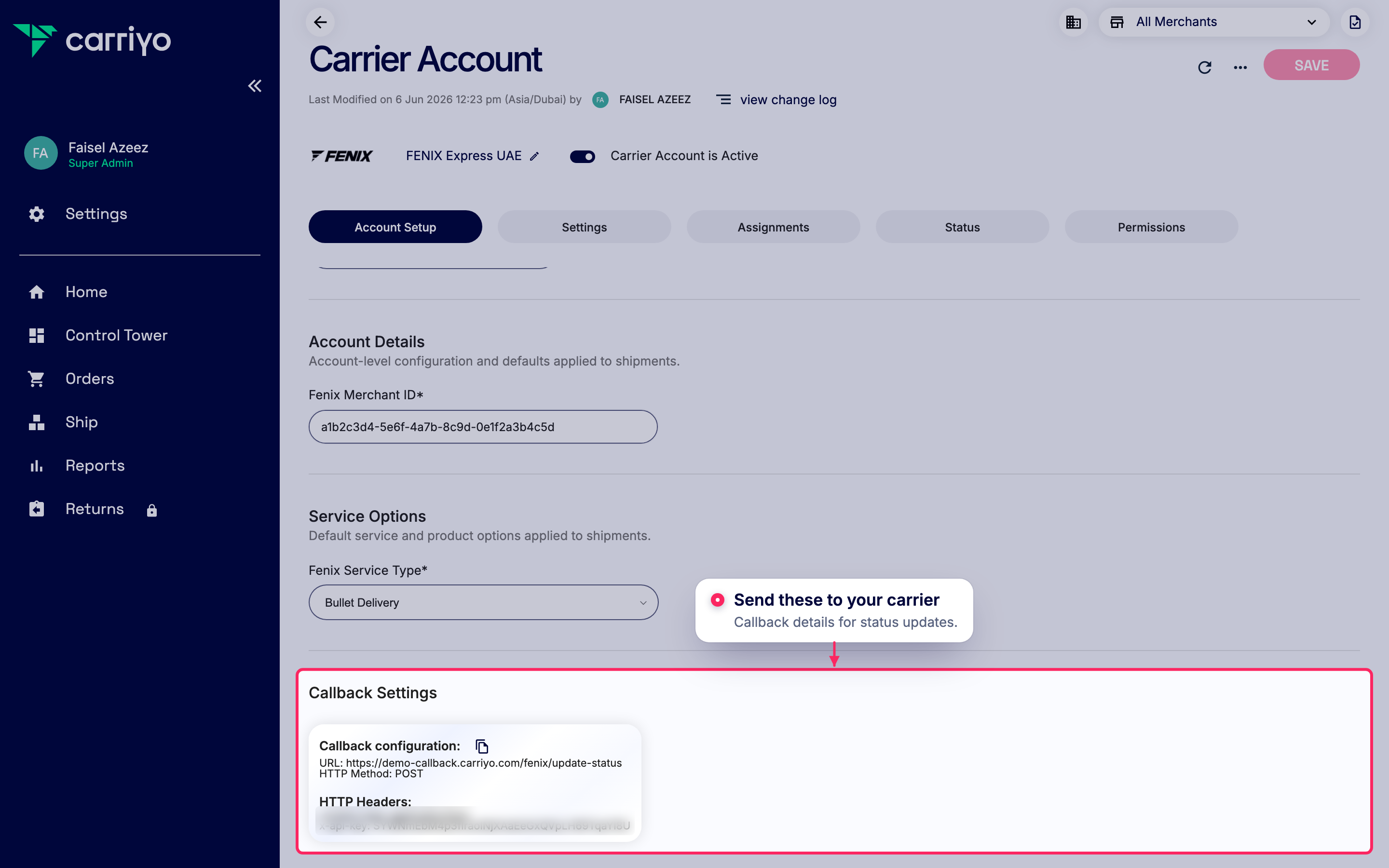 Share callback settings with your carrier